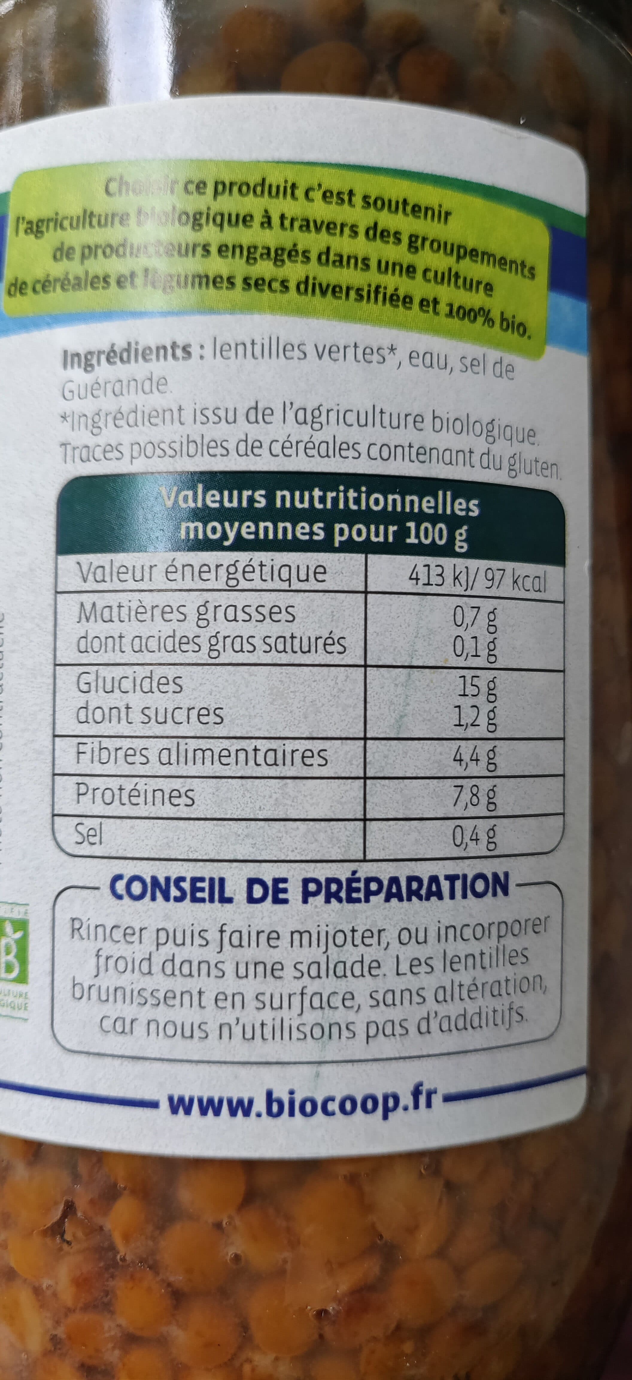 Biocoop Lentilles vertes au naturel 450g ne packshot