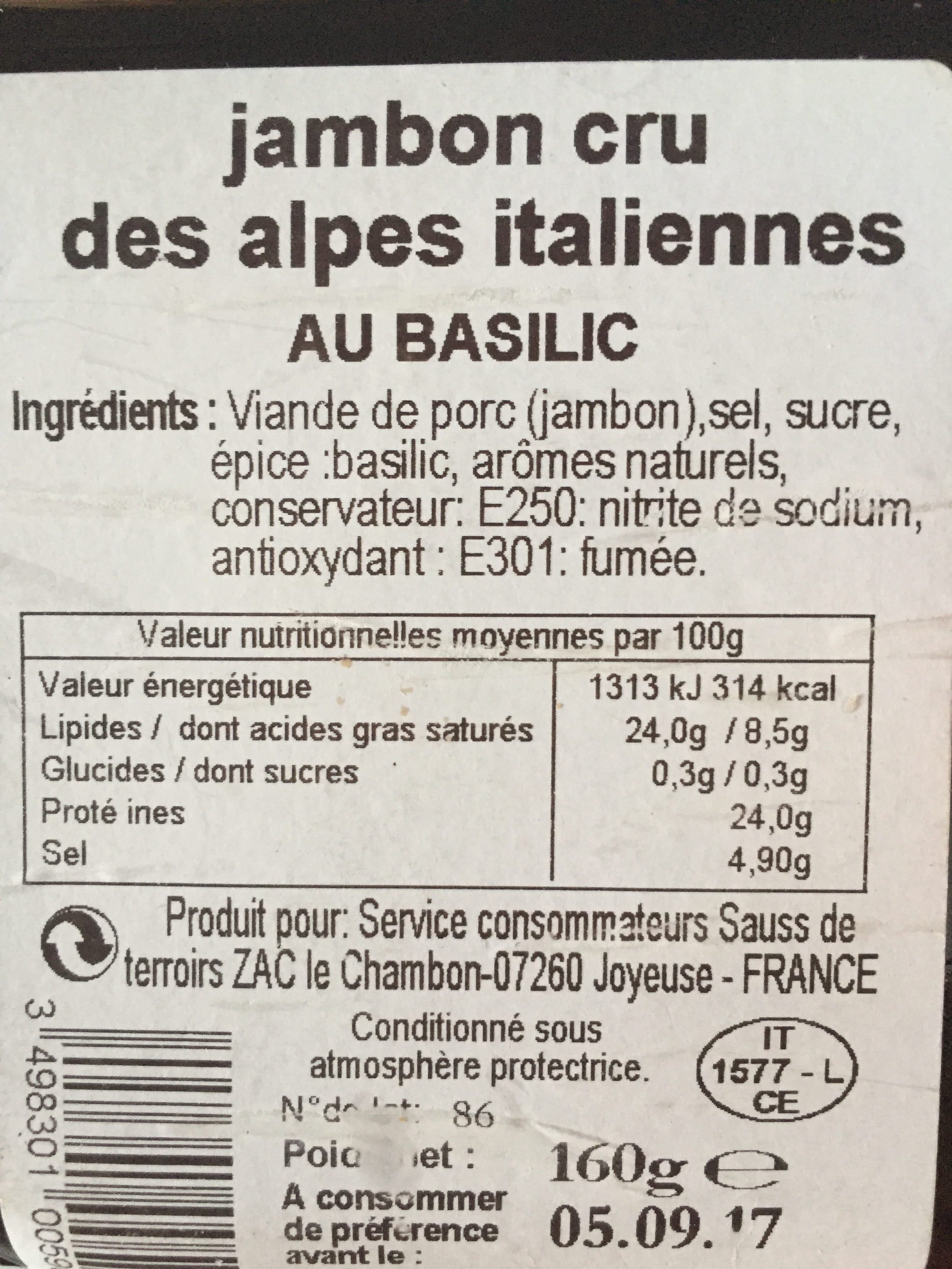 Alpes Italiennes Jambon cru au basilic des alpes italiennes packshot