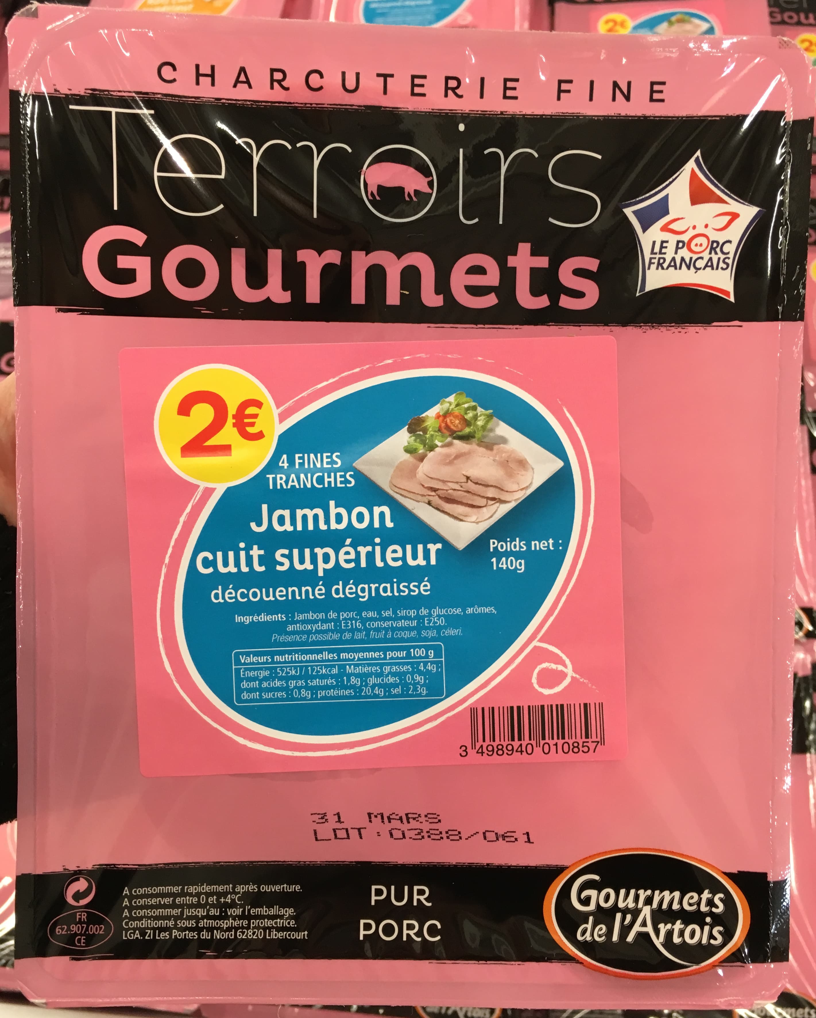 Gourmets de l'Artois Jambon cuit supérieur découenné dégraissé packshot