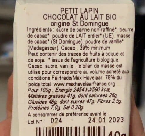 Bovetti Petit lapin chocolat au lait bio packshot