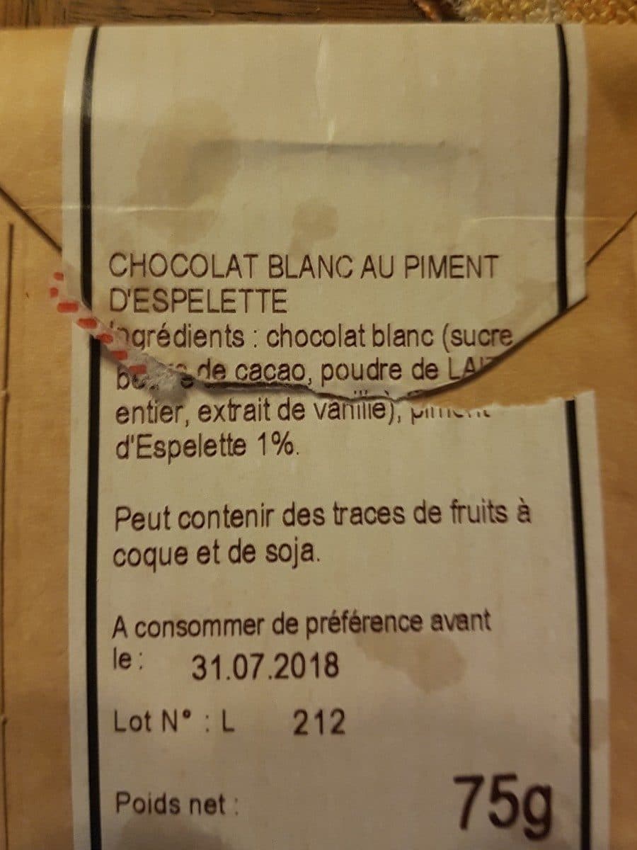 Open Food Facts Chocolat blanc piment d'espelette packshot