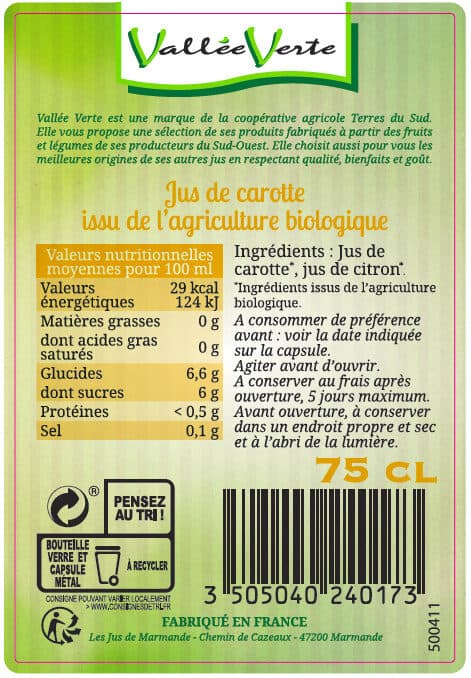 Vallee verte Pur jus de Carotte des Landes Bio packshot