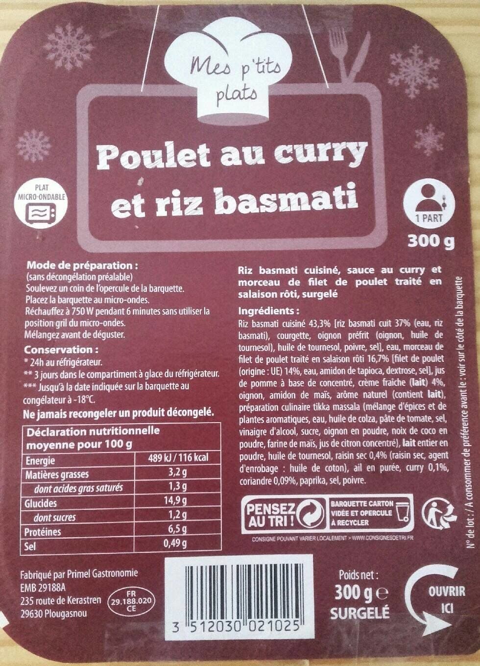 Mes P'tits Plats Poulet au curry et riz basmati packshot