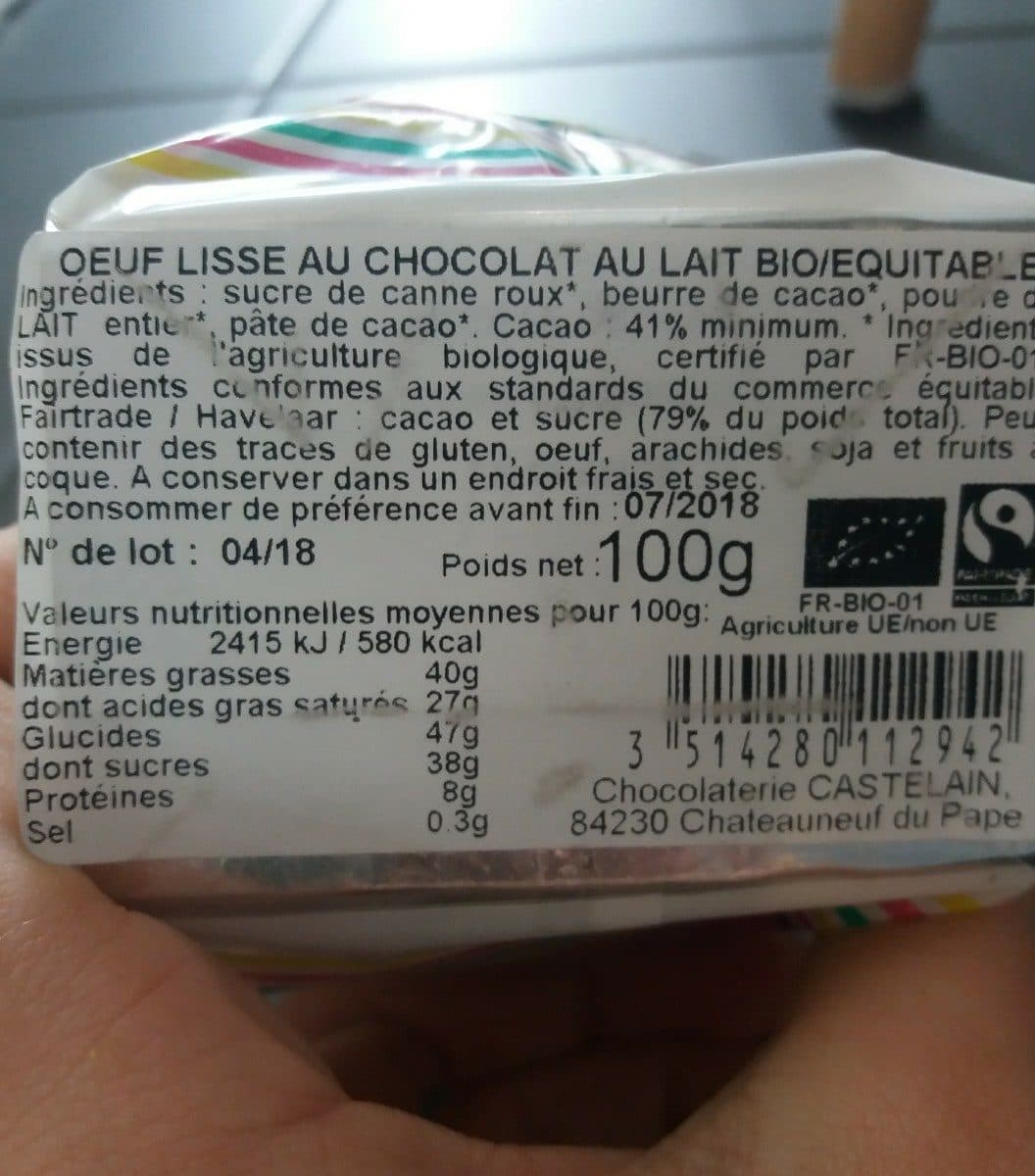 Chocolaterie Castelain Oeuf lisse au chocolat au lait bio/équitable packshot