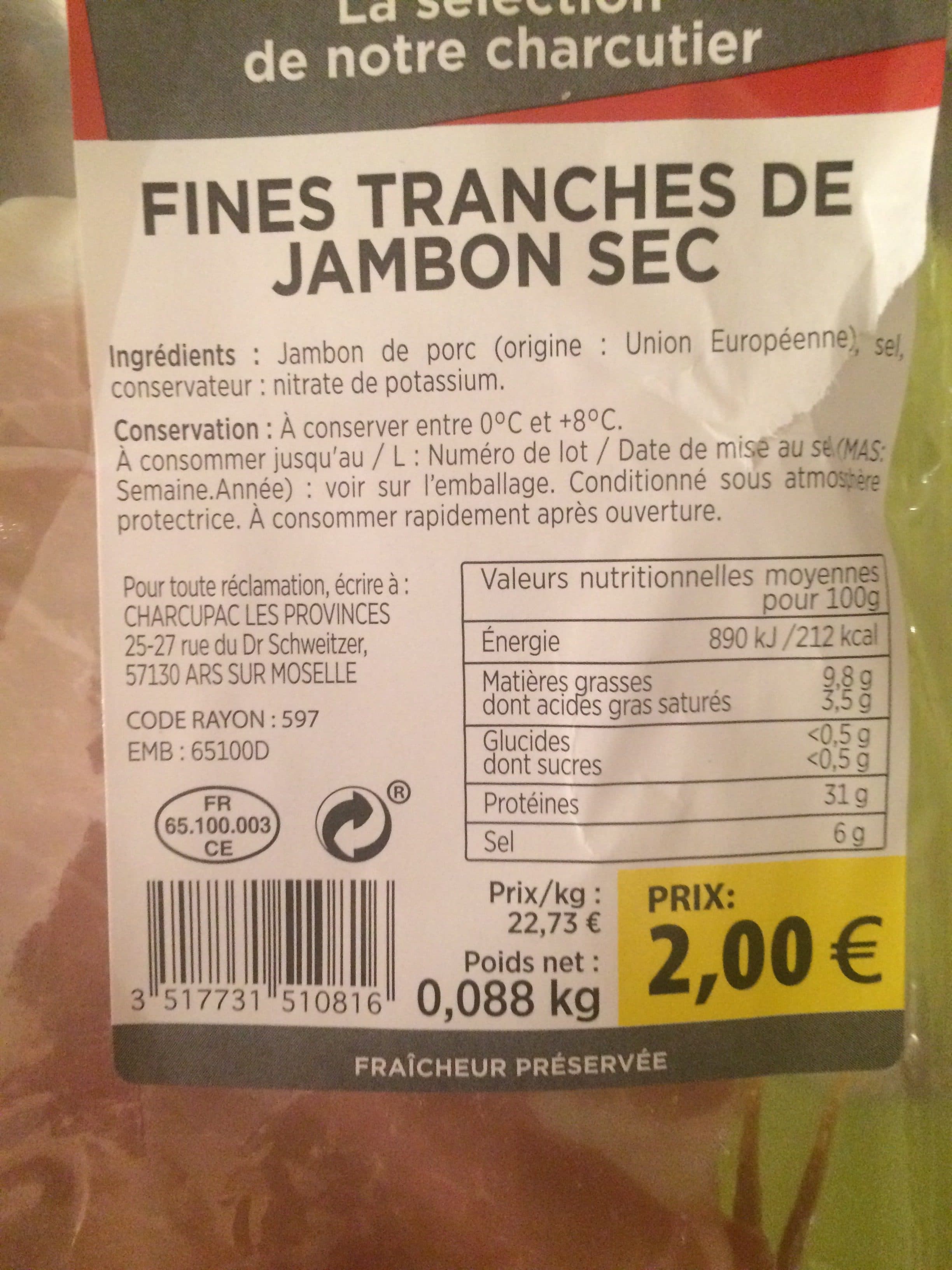 Charcuteries bahier Fines Tranches Jambon Sec 2 Euros packshot