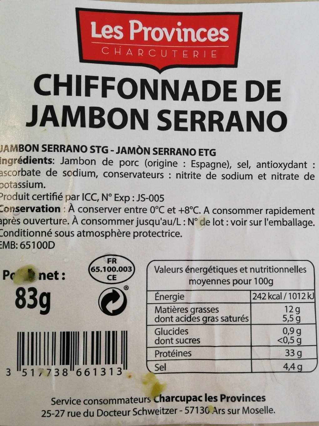 Les Provinces Charcuterie Chiffonnade de jambon serrano packshot