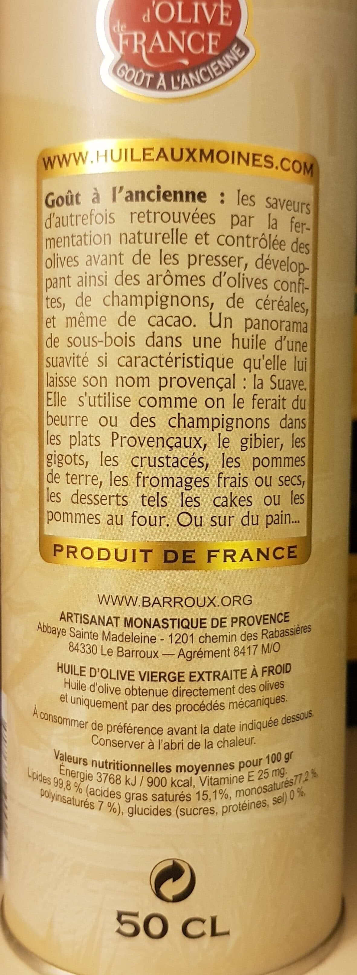 Artisanat Monastique De Provence Abbaye De Barroux - Huile d Olive Extra Vierge . .. packshot