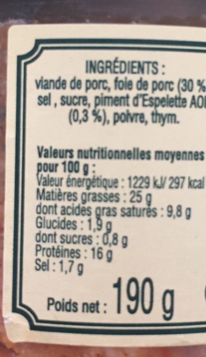Open Food Facts Pate Basque au piment d'Espelette ANNE ROZES packshot
