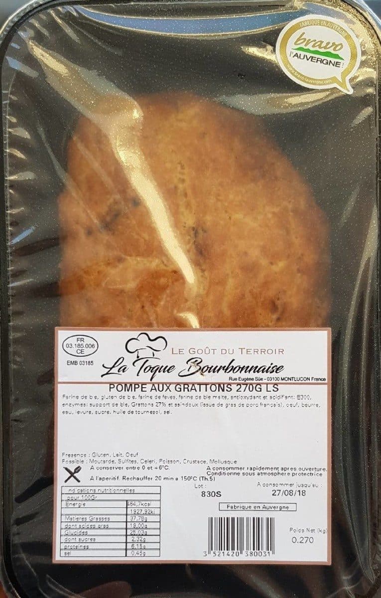 Open Food Facts La Toque Bourbonnaise Pompe aux gratons la barquette de 270 g packshot