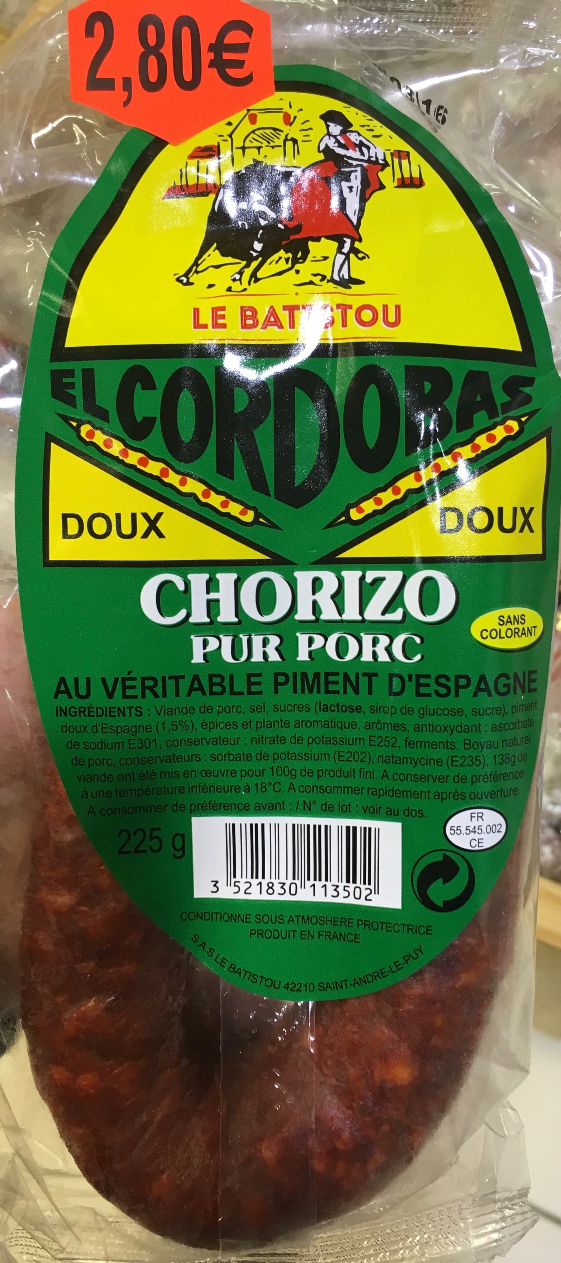 Le Batistou Chorizo pur porc doux au véritable piment d'Espagne packshot