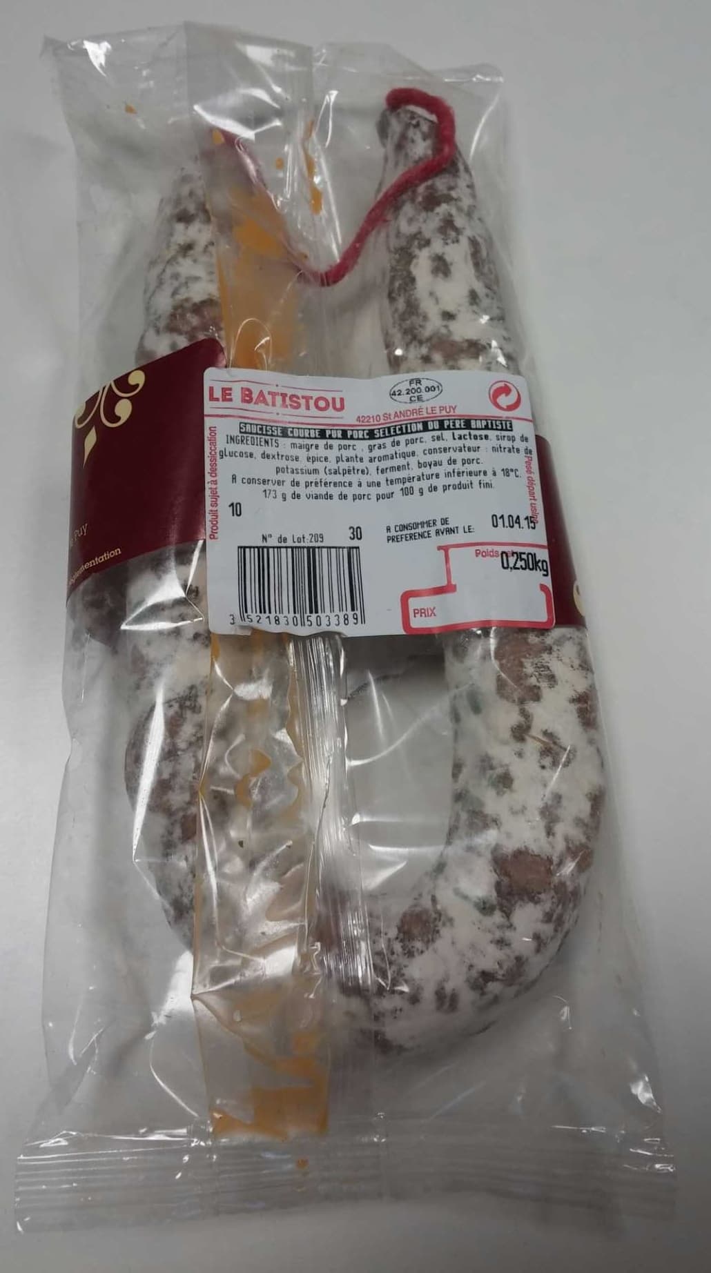 Le Batistou Saucisse courbe pur porc sélection du Père Baptiste packshot