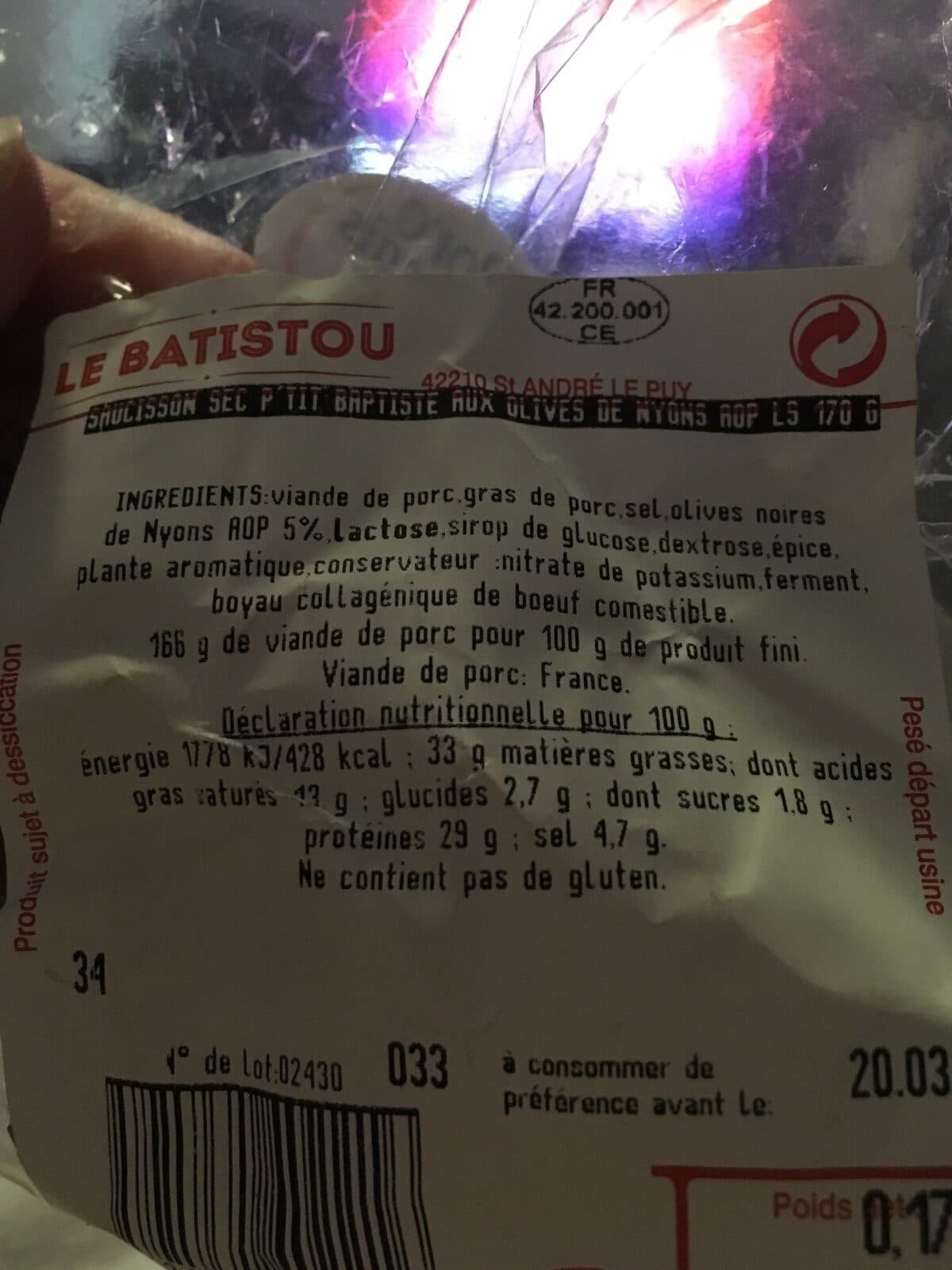 Open Food Facts Saucisson sec aux olives packshot