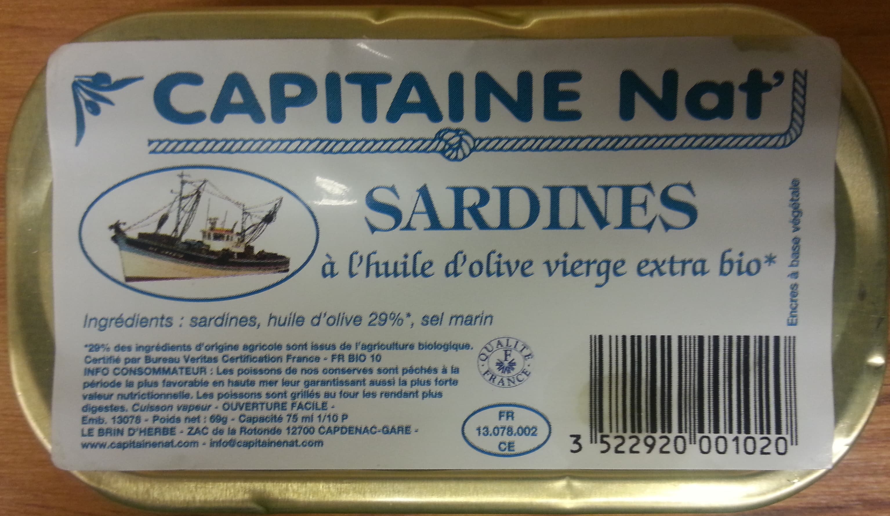 Capitaine Nat' Sardines à l'huile d'olive vierge extra bio packshot
