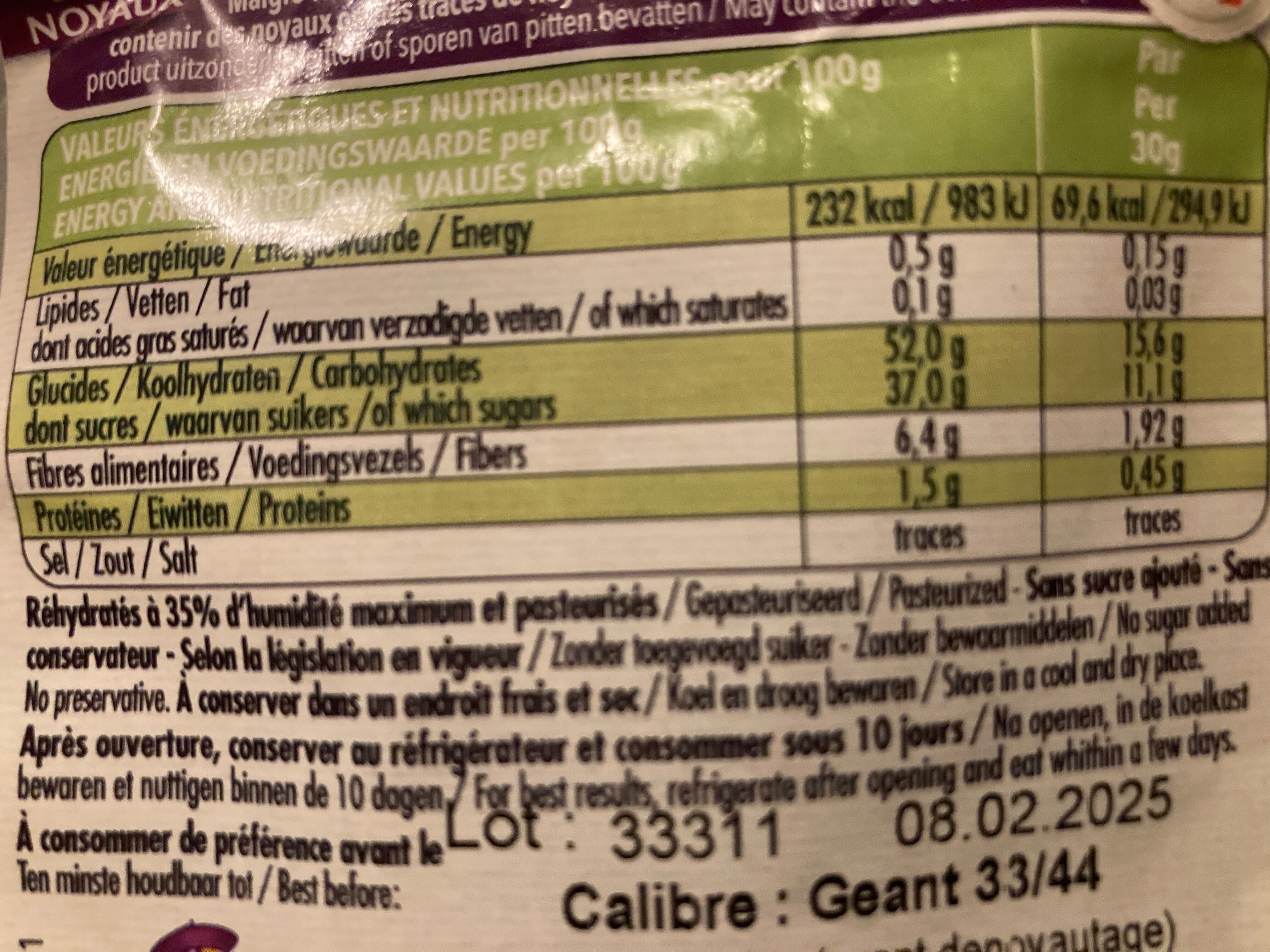 Lou Prunel Pruneaux dénoyautés pasteurisés réhydratés à 35% d’humidité calibre géant 33/44 (250 GR) packshot