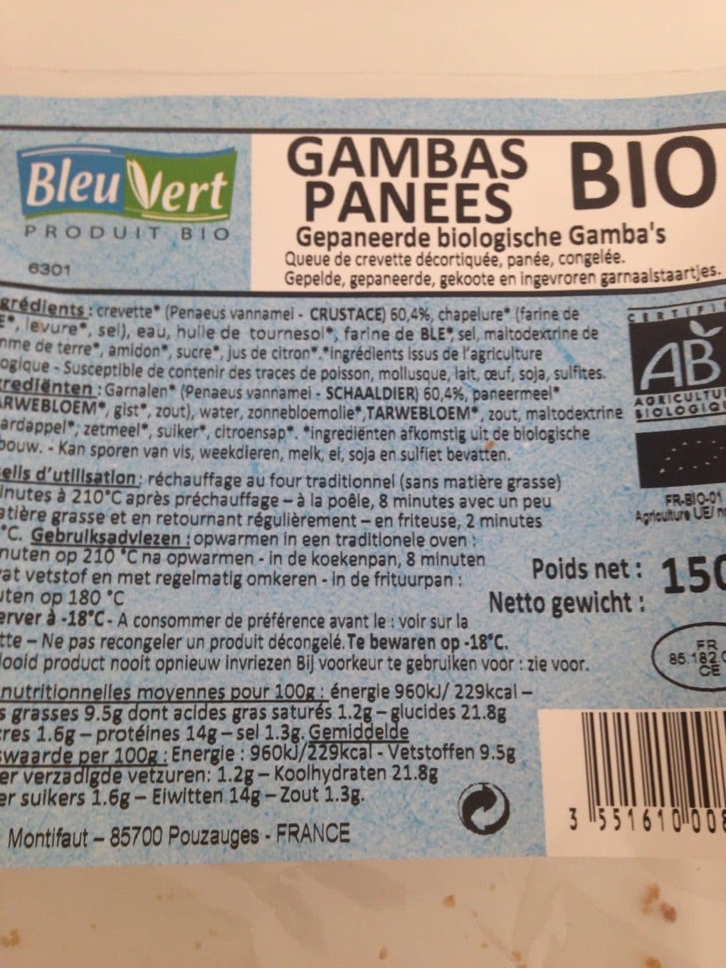 Bleu Vert Gambas panées Bio packshot