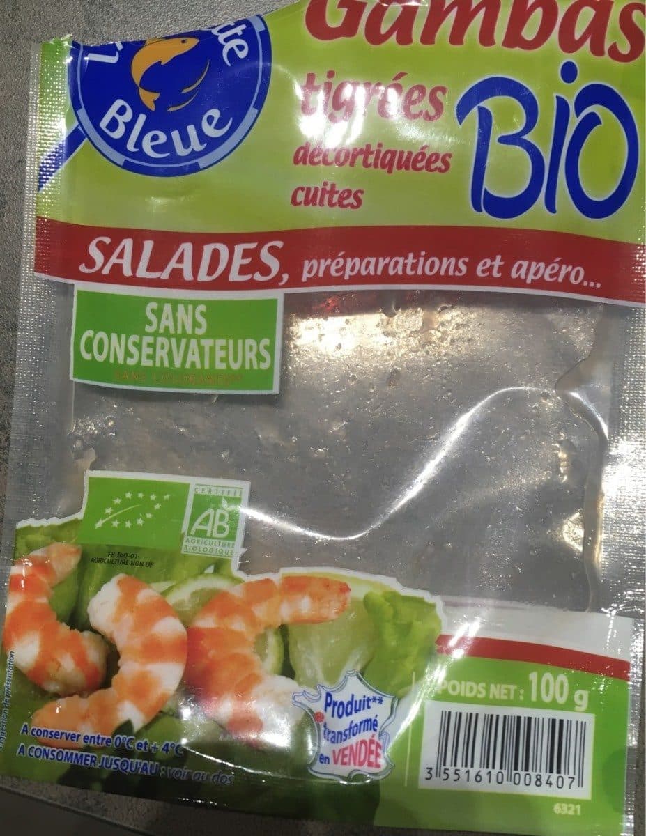 assiette bleue Gambas tigrées décortiquées cuites BIO packshot