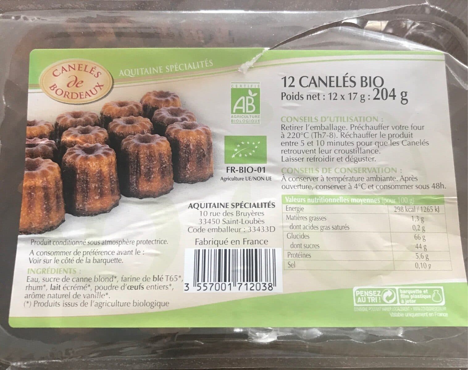 Aquitaine Spécialités 12 canelés bio packshot