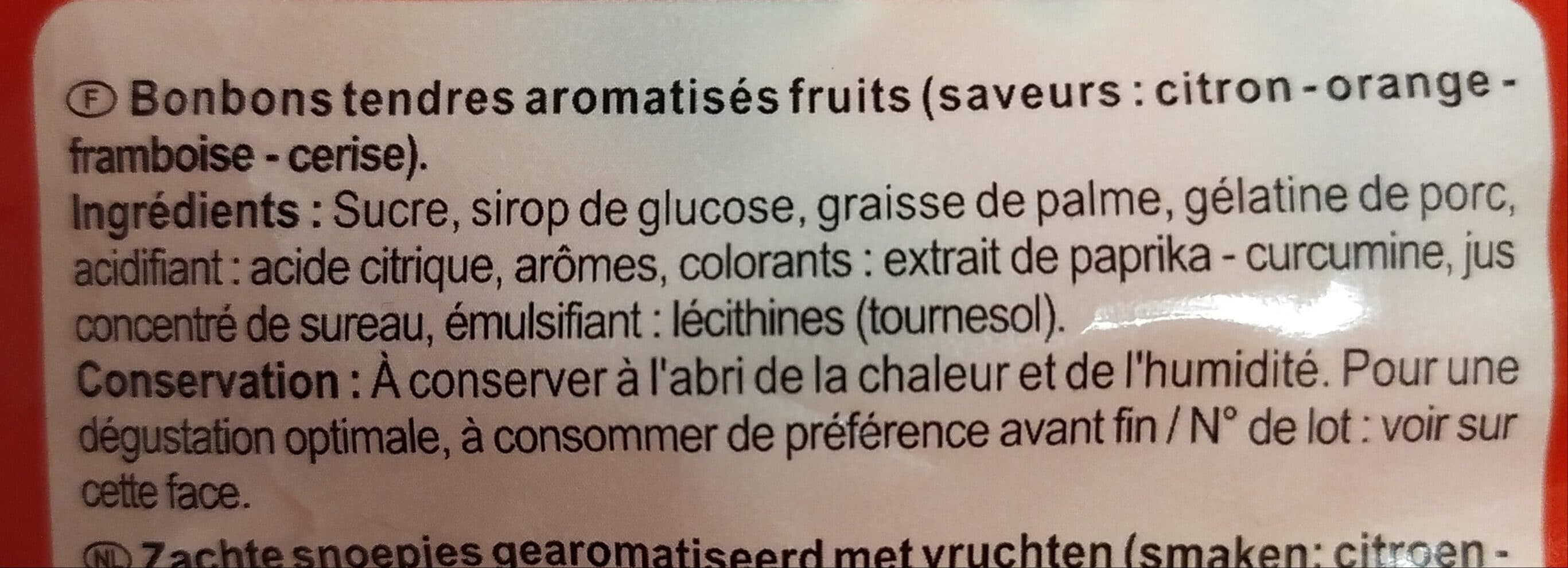 Carrefour Bonbons tendres gout fruits, citron orange framboise cerise packshot