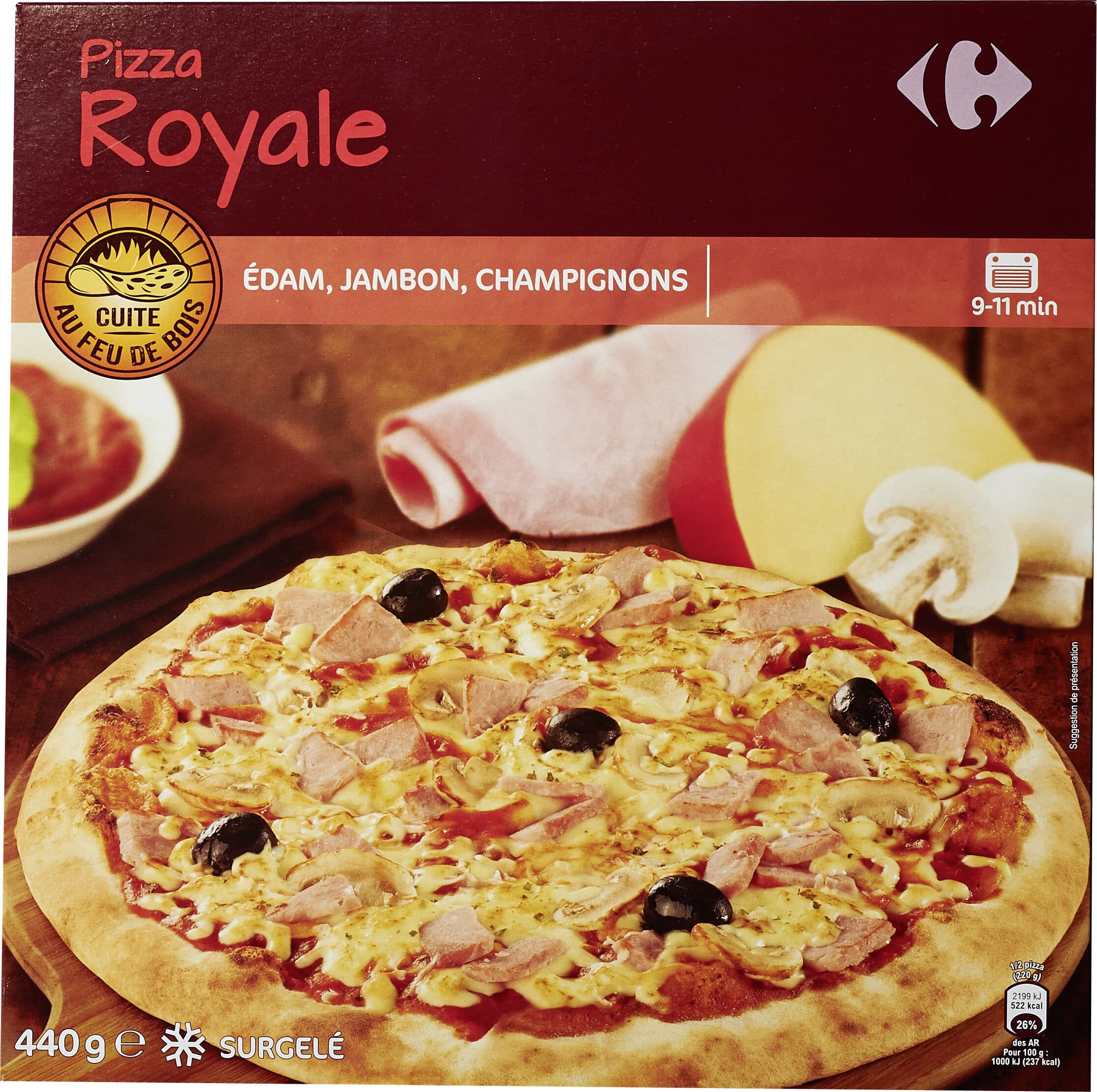Carrefour Pizza Royale cuite au feu de bois Édam, Jambon, Champignons packshot