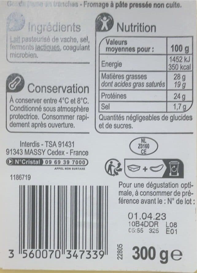 Carrefour Gouda jeune (30 % MG) en tranches packshot