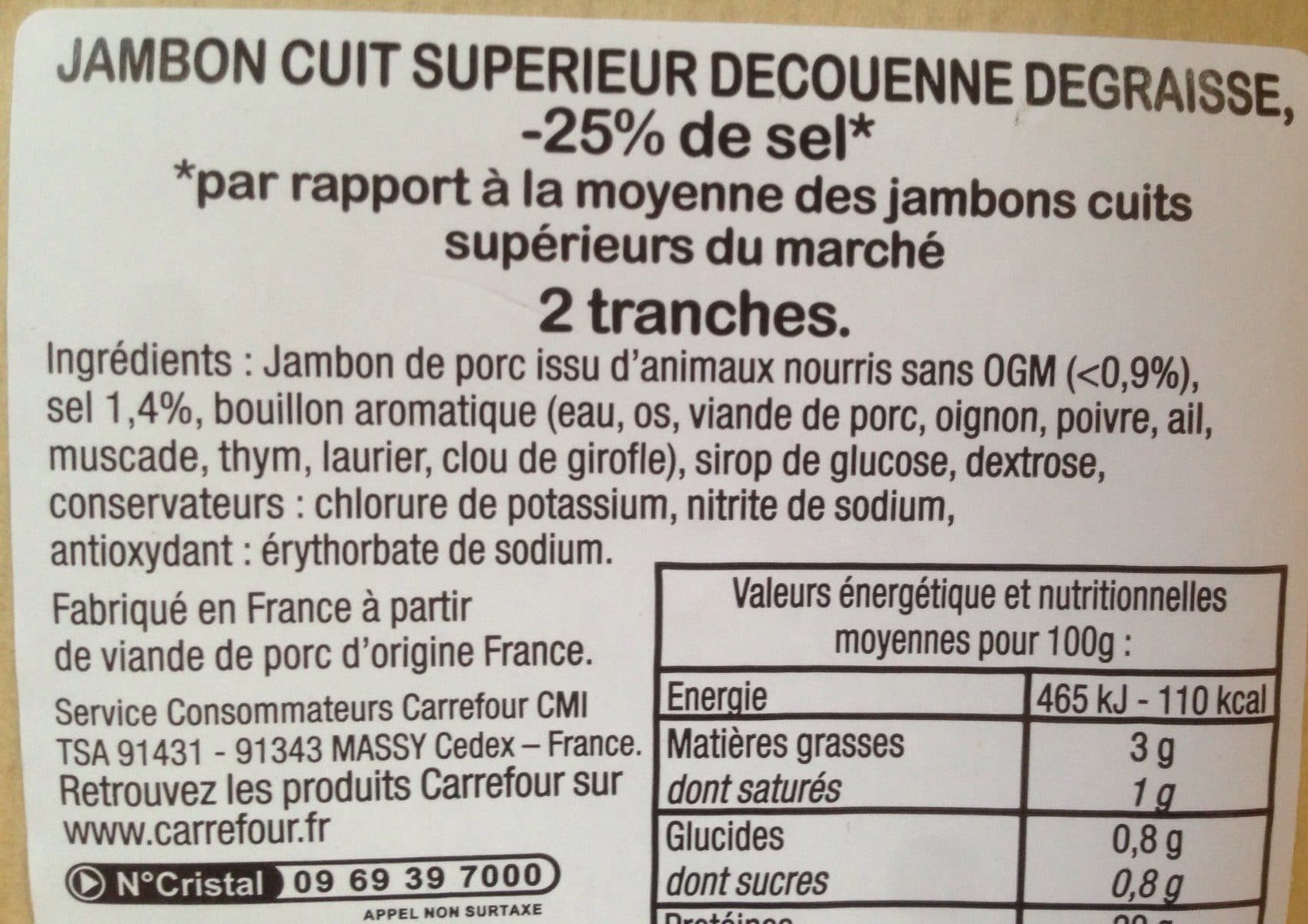 Carrefour Jambon Cuit -25% de sel** Sans traitement antibiotique dès la fin du sevrage packshot