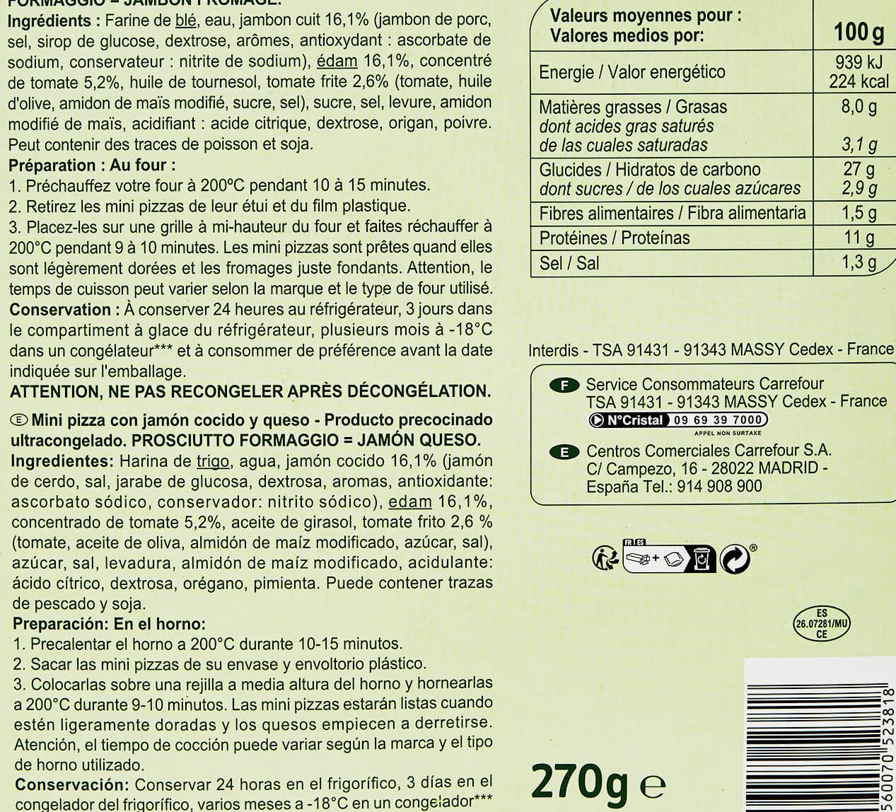Carrefour Mini pizzas jamón y queso packshot