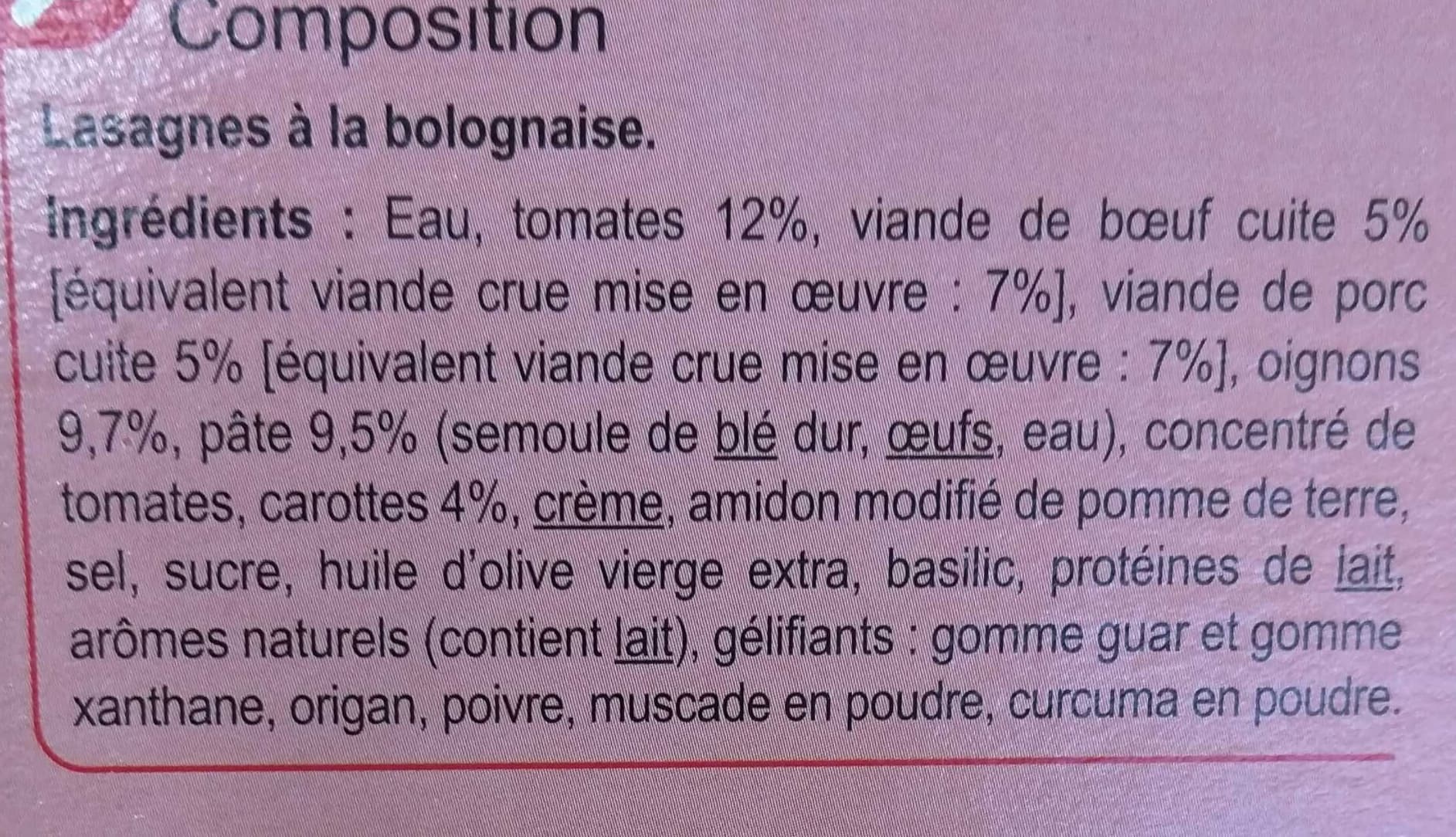 CMI (Carrefour Marchandises Internationales) Lasagnes à la Bolognaise packshot