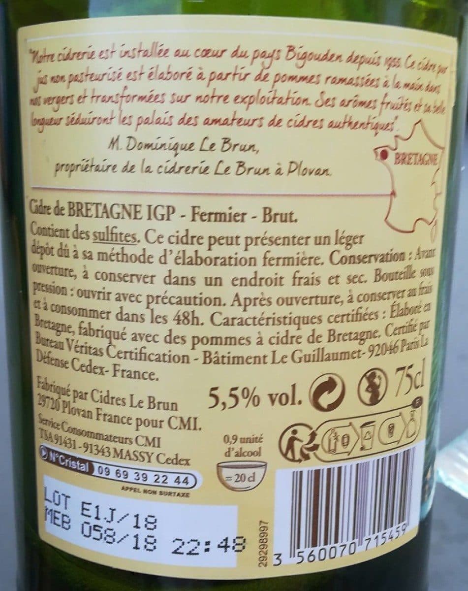 Carrefour Cidre ARTISANAL de Bretagne IGP Brut Cidrerie artisanale Les Celliers de l'Odet packshot