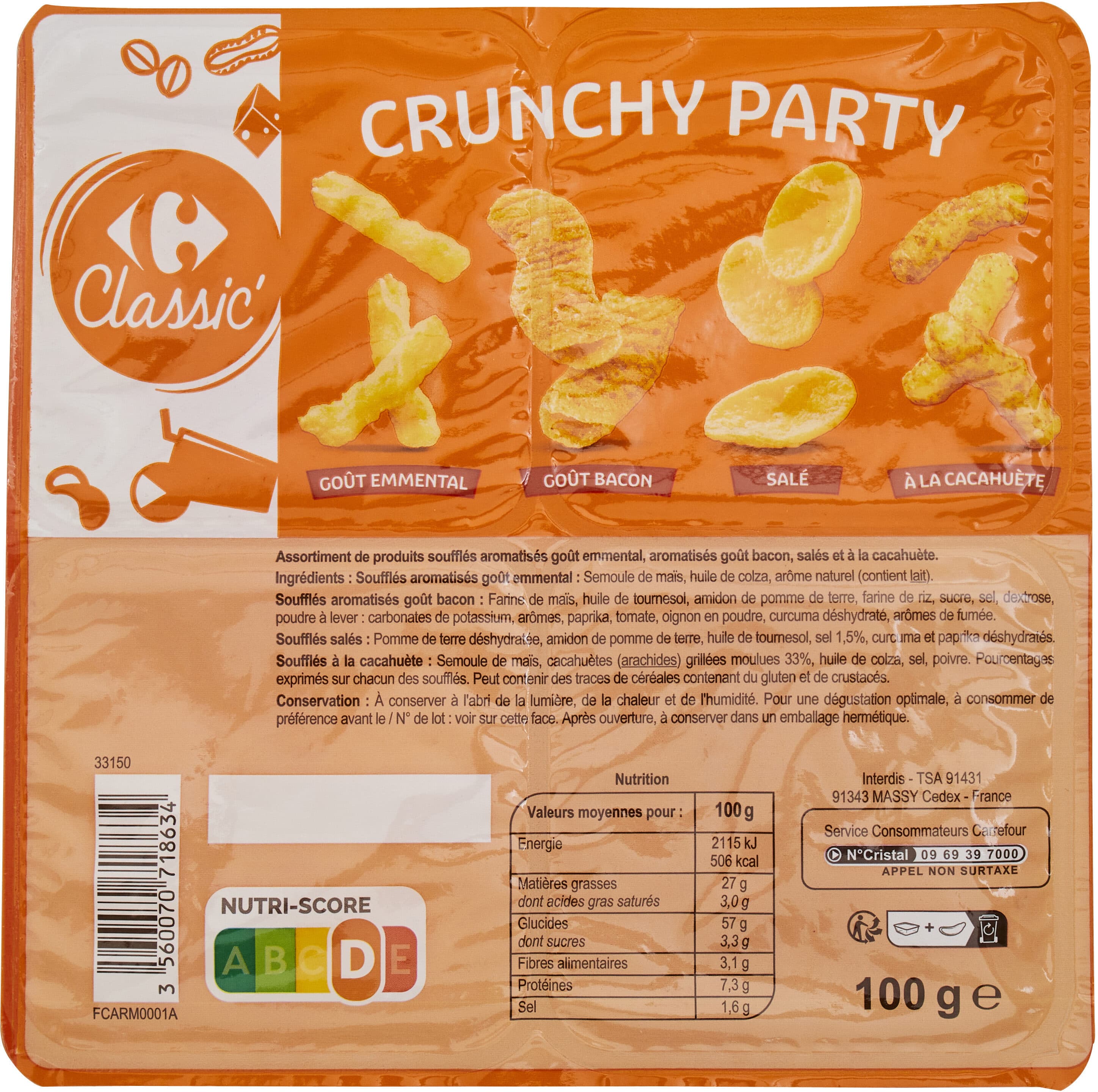 Carrefour CRUNCHY PARTY Goût emmental Goût bacon Salé À la cacahuète packshot