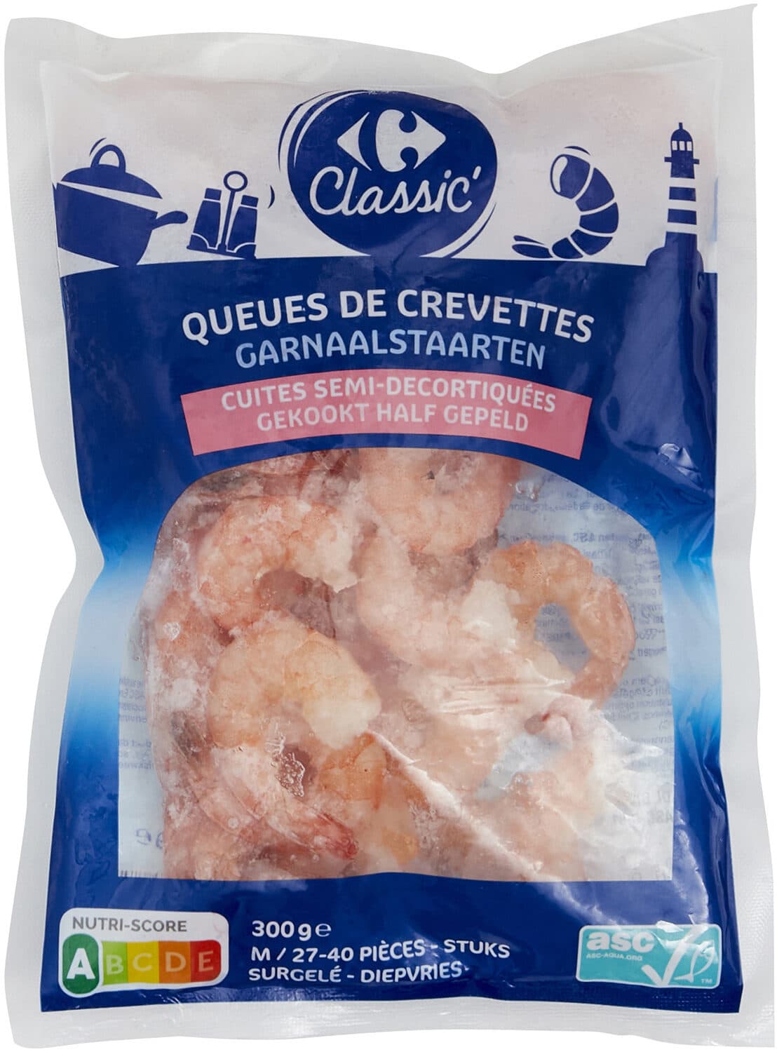 Carrefour Queues de crevettes , cuites, semi-décortiquées packshot