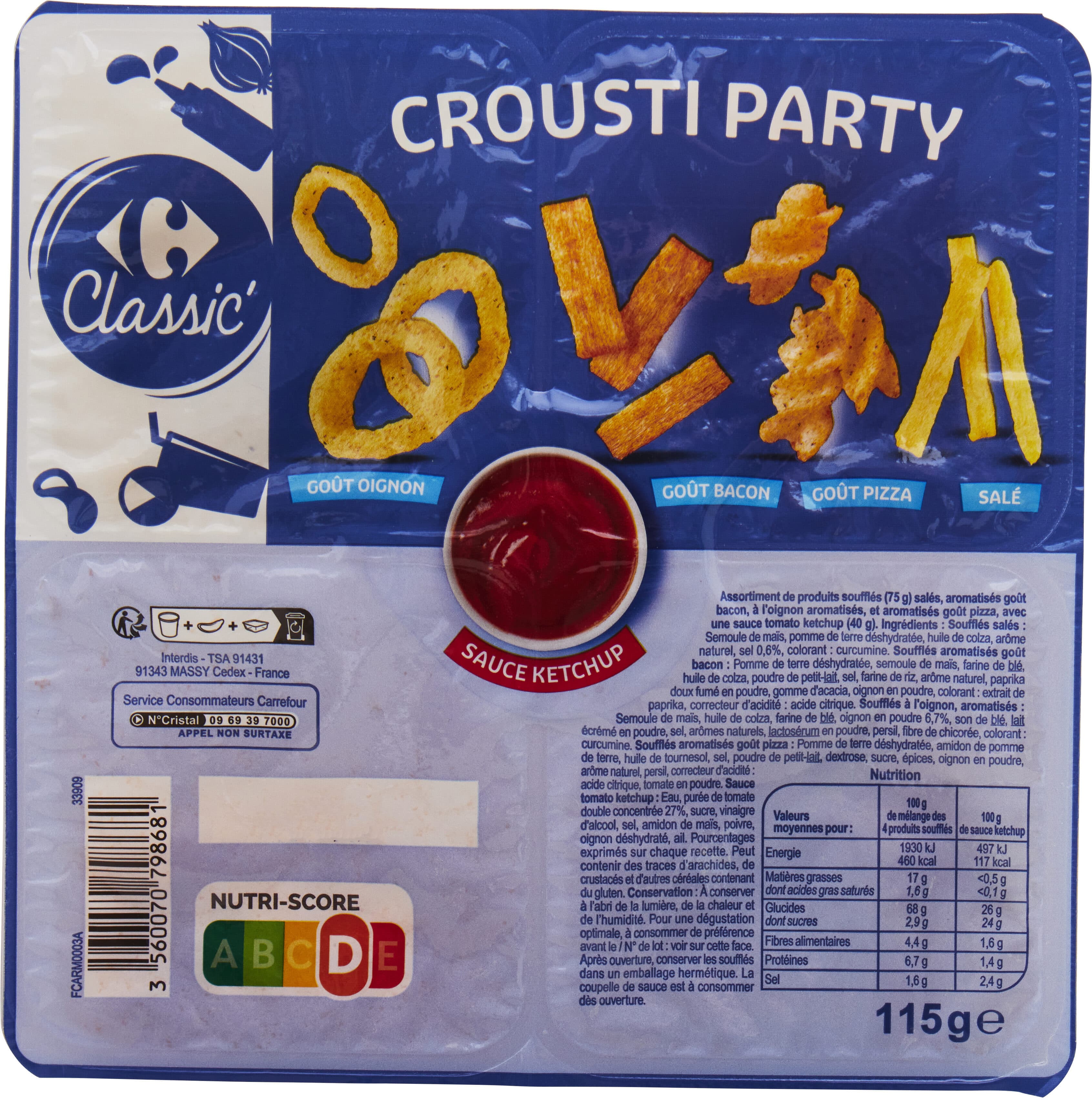 Carrefour Crousti Party Goût oignon Goût bacon Goût pizza Salé Sauce Ketchup packshot
