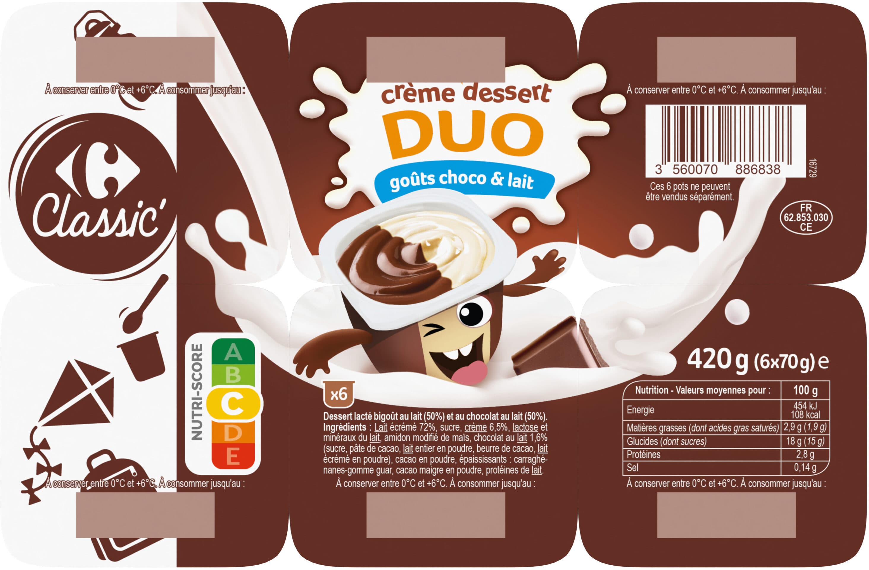 Carrefour crème dessert DUO goûts choco & lait packshot