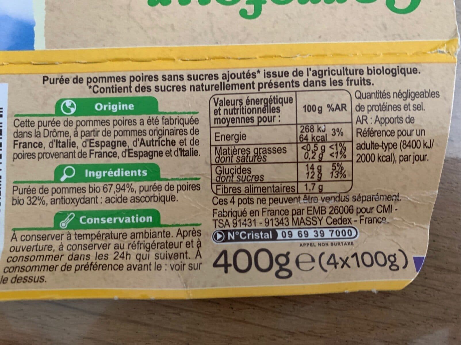 Carrefour BIO Purée de pommes poires (sans sucres ajoutés) packshot