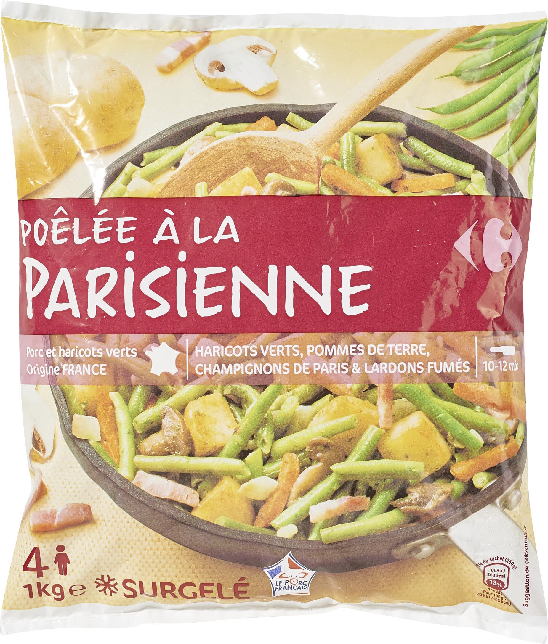 Carrefour Poêlée A la Parisienne Haricots verts, pommes de terre, lardons fumés, carottes et champignons de Paris packshot