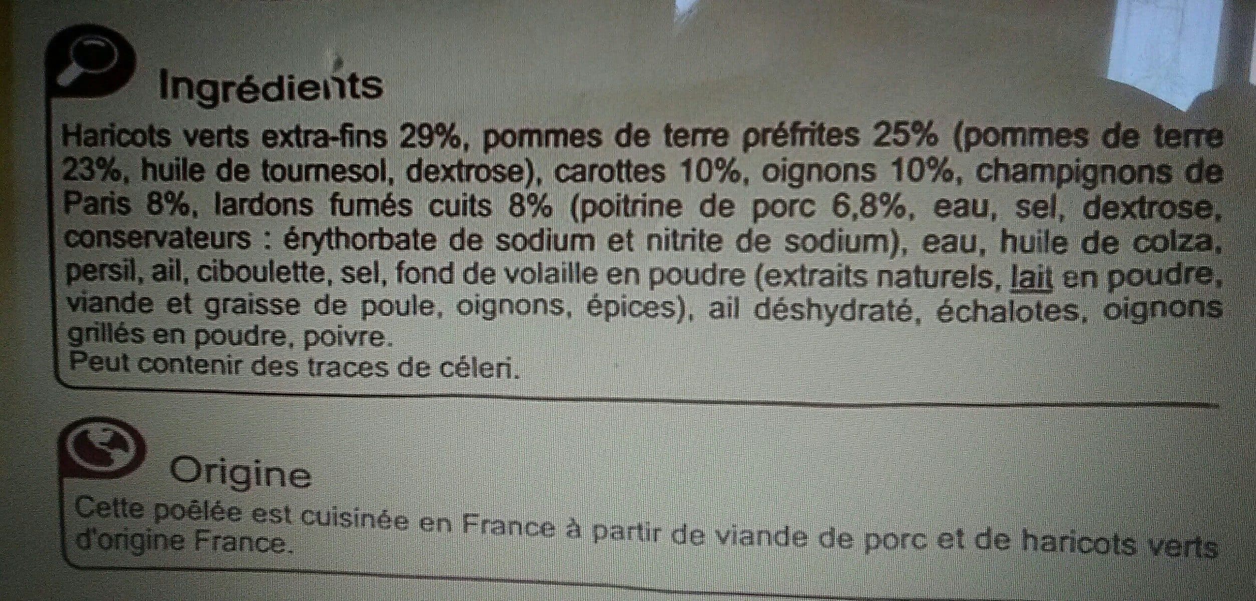 Carrefour Poêlée A la Parisienne Haricots verts, pommes de terre, lardons fumés, carottes et champignons de Paris packshot