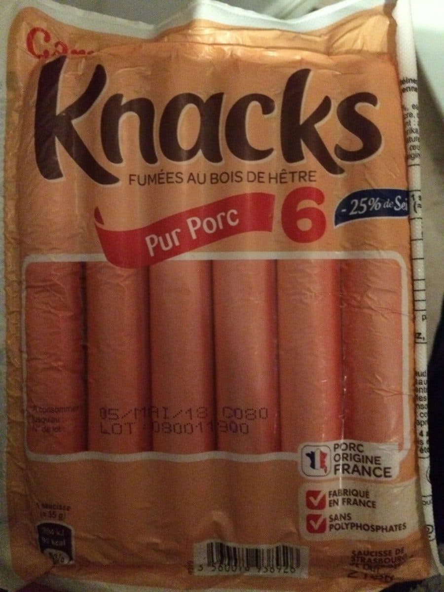 Open Food Facts Knacks -25% de sel fumées au bois de Hêtre packshot