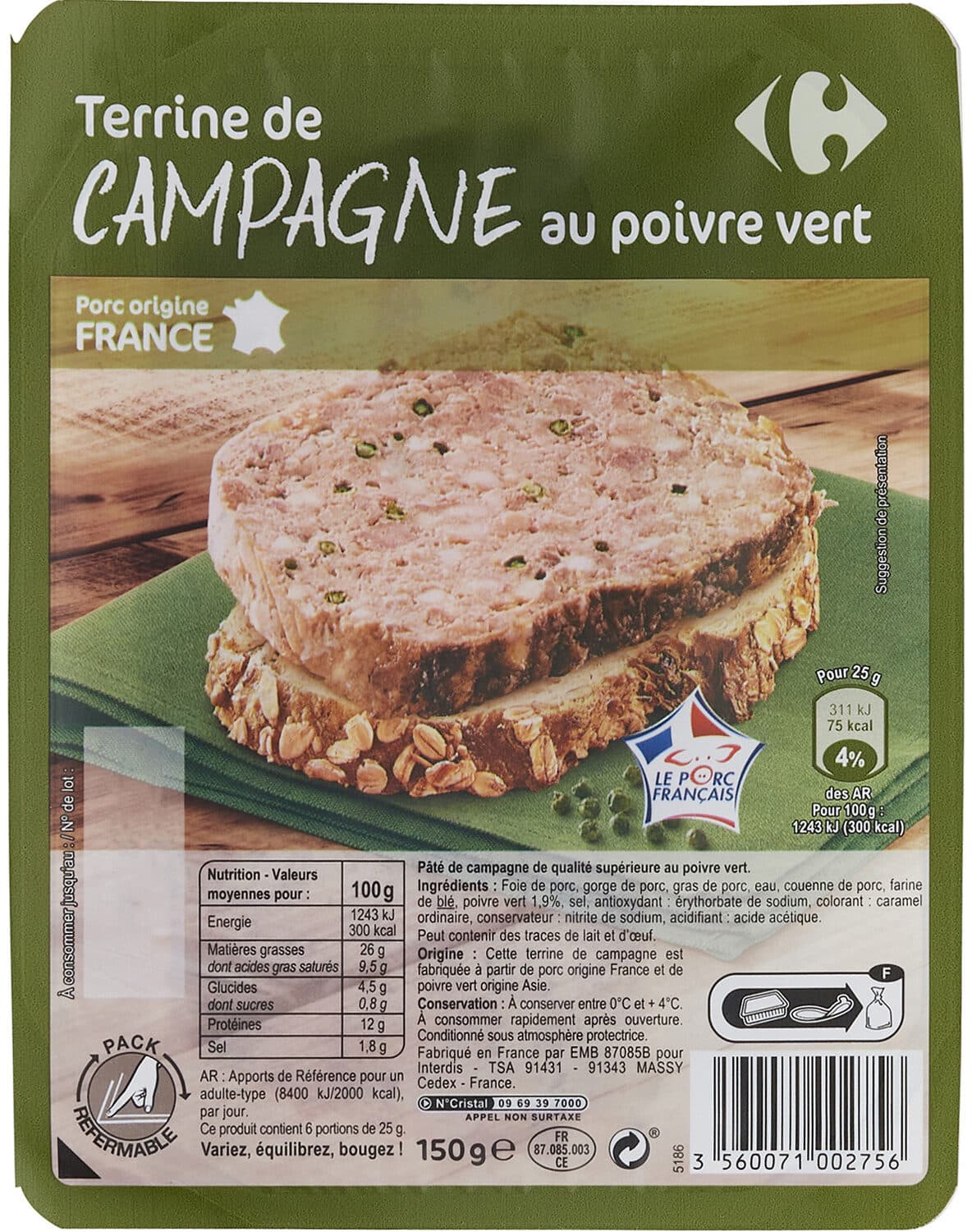 Carrefour Terrine de campagne Au poivre vert packshot