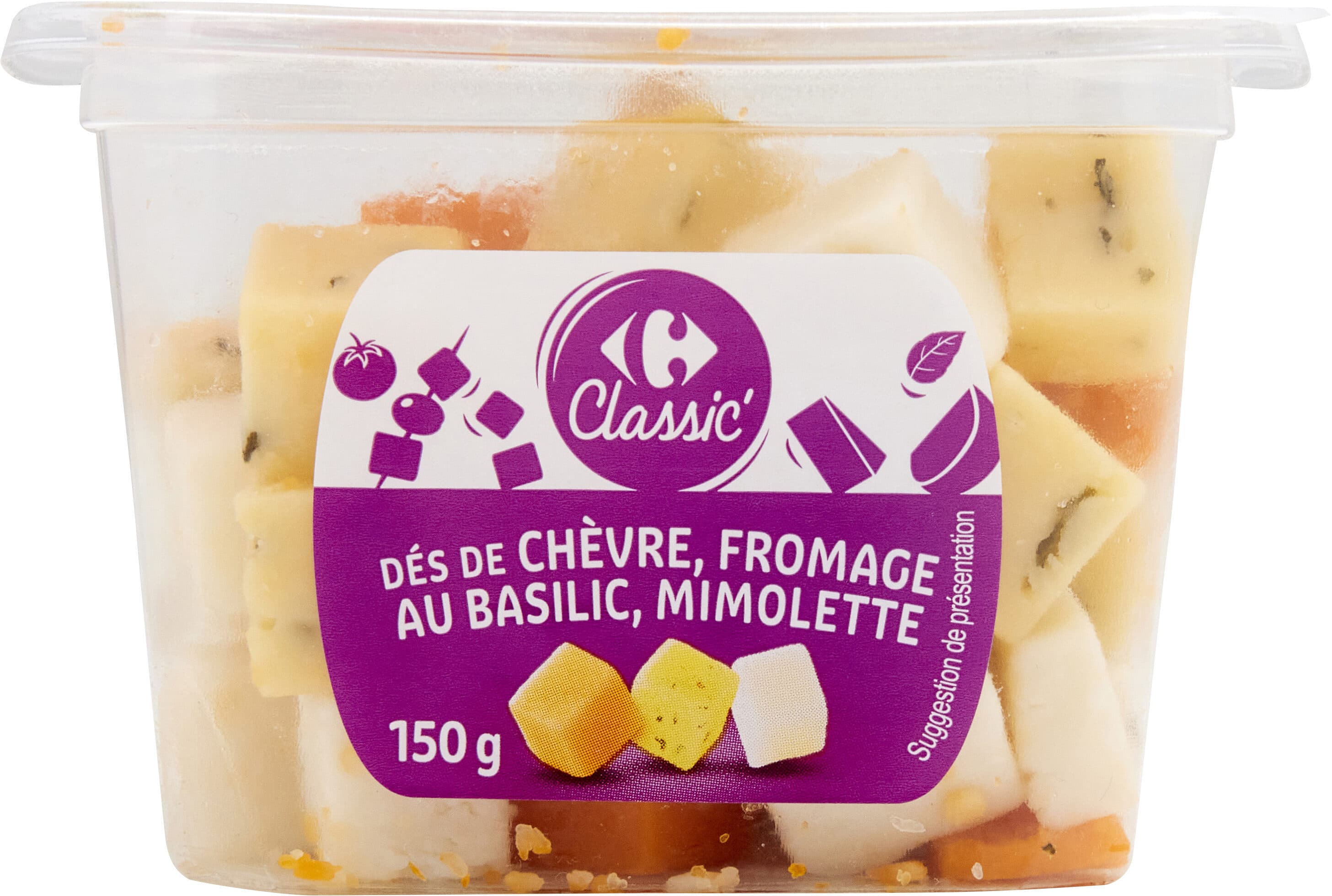 Carrefour Dés de chèvre, fromage au basilic, mimolette packshot
