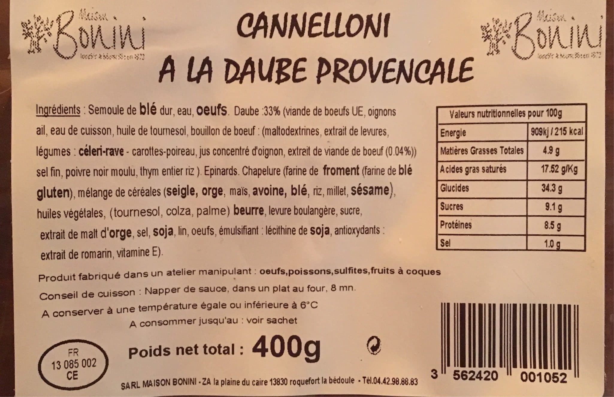 Maison Bonini Cannelloni a la daube provencale packshot