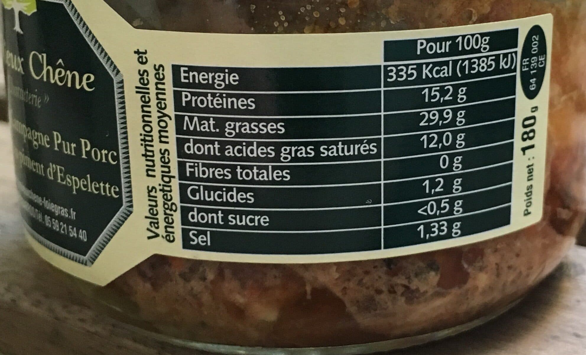 Le Vieux Chêne Paté de campagne pur porc piquant au piment d'espelette packshot