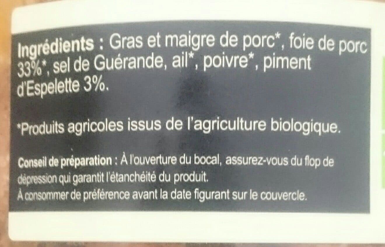 Le Vieux Chêne Pâté de campagne Pur Porc Bio au Piment d'Espelette packshot