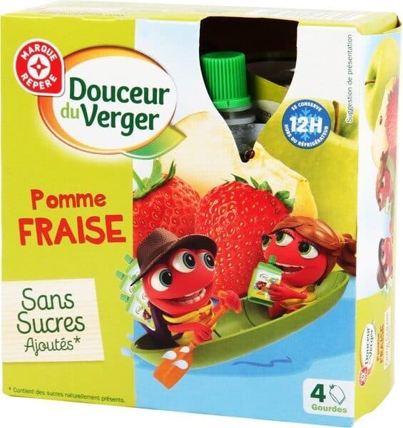 Marque Repère Compote pomme fraise sans sucres ajoutés, gourde packshot