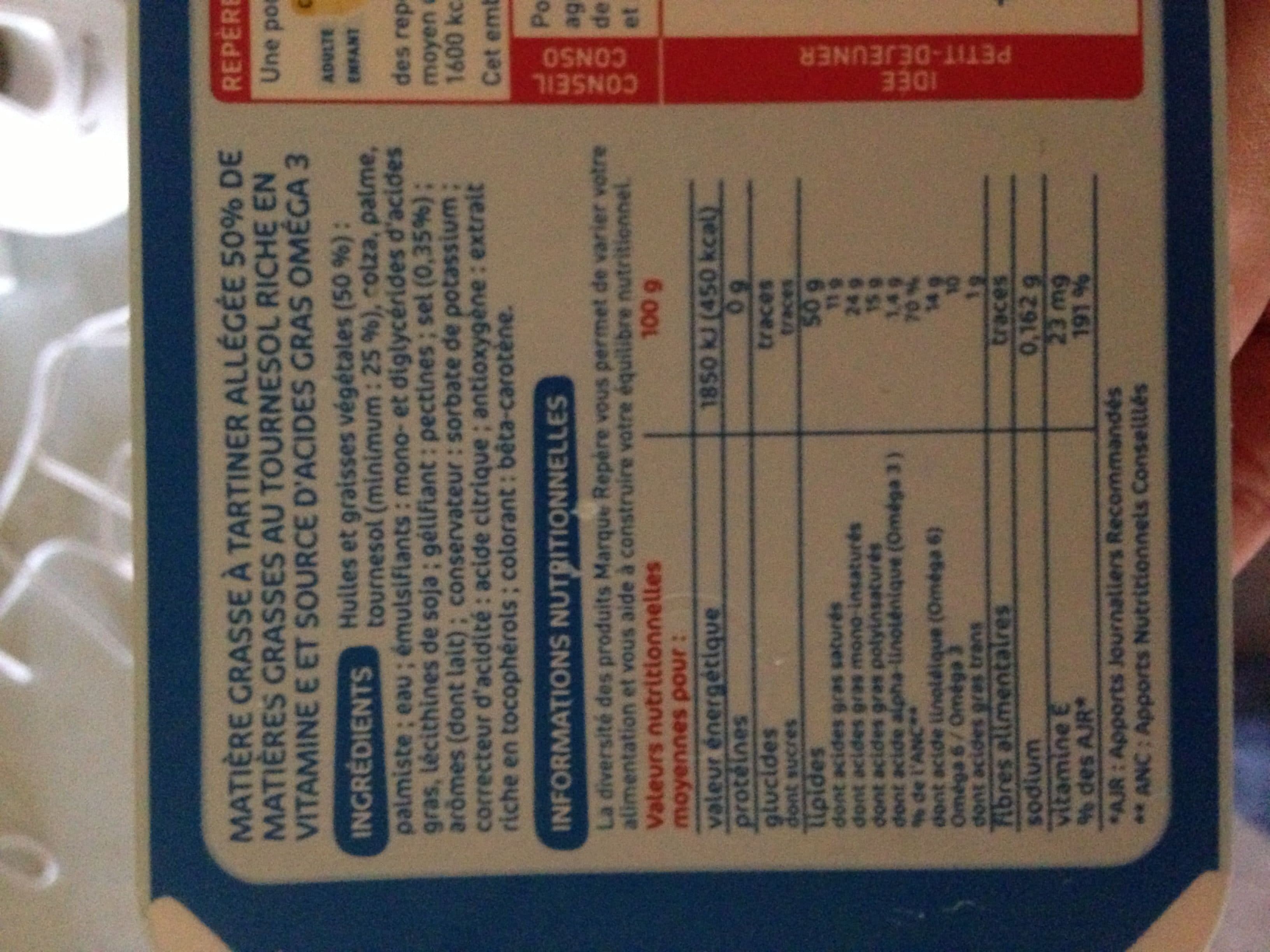Marque Repère Margarine allégée au tournesol 50% Mat. Gr. doux - barquette packshot