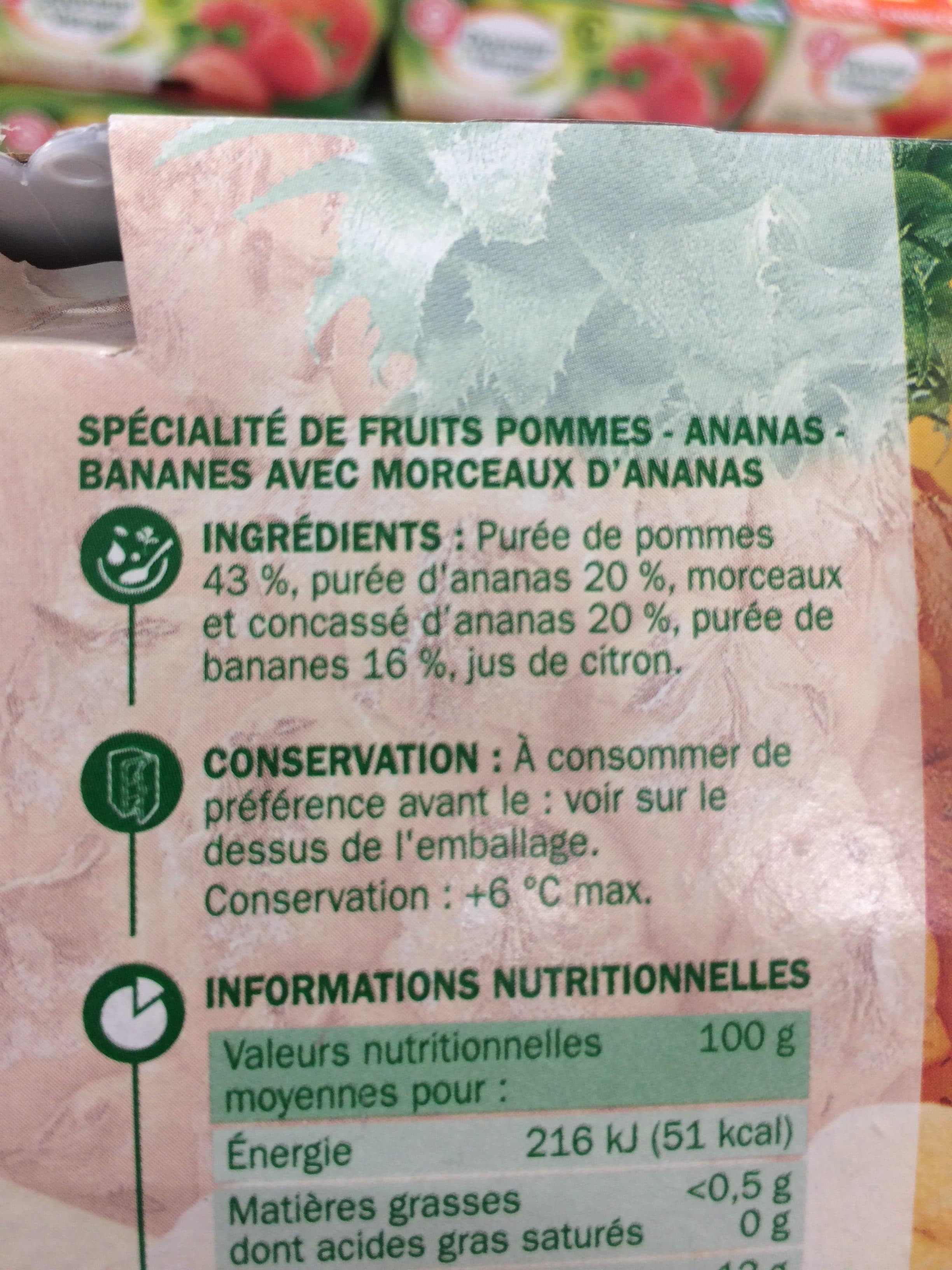 Marque Repère Spécialité de fruits avec morceaux ananas, banane et pomme packshot