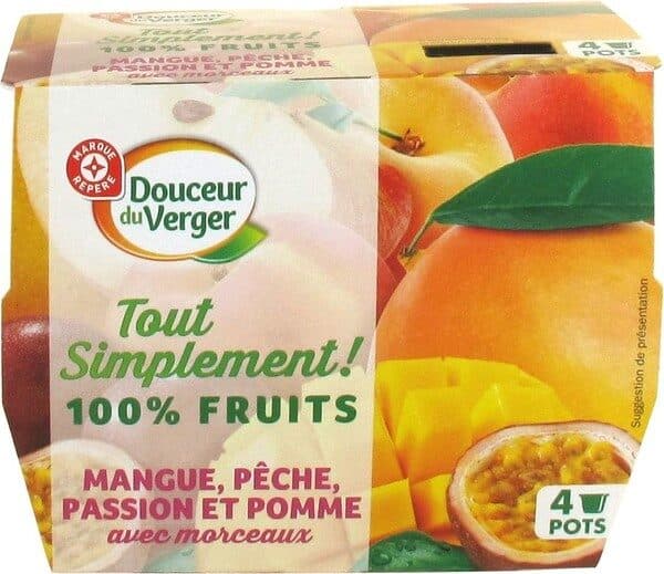 Marque Repère Spécialité de fruits avec morceaux mangue, pêche, passion et pomme packshot