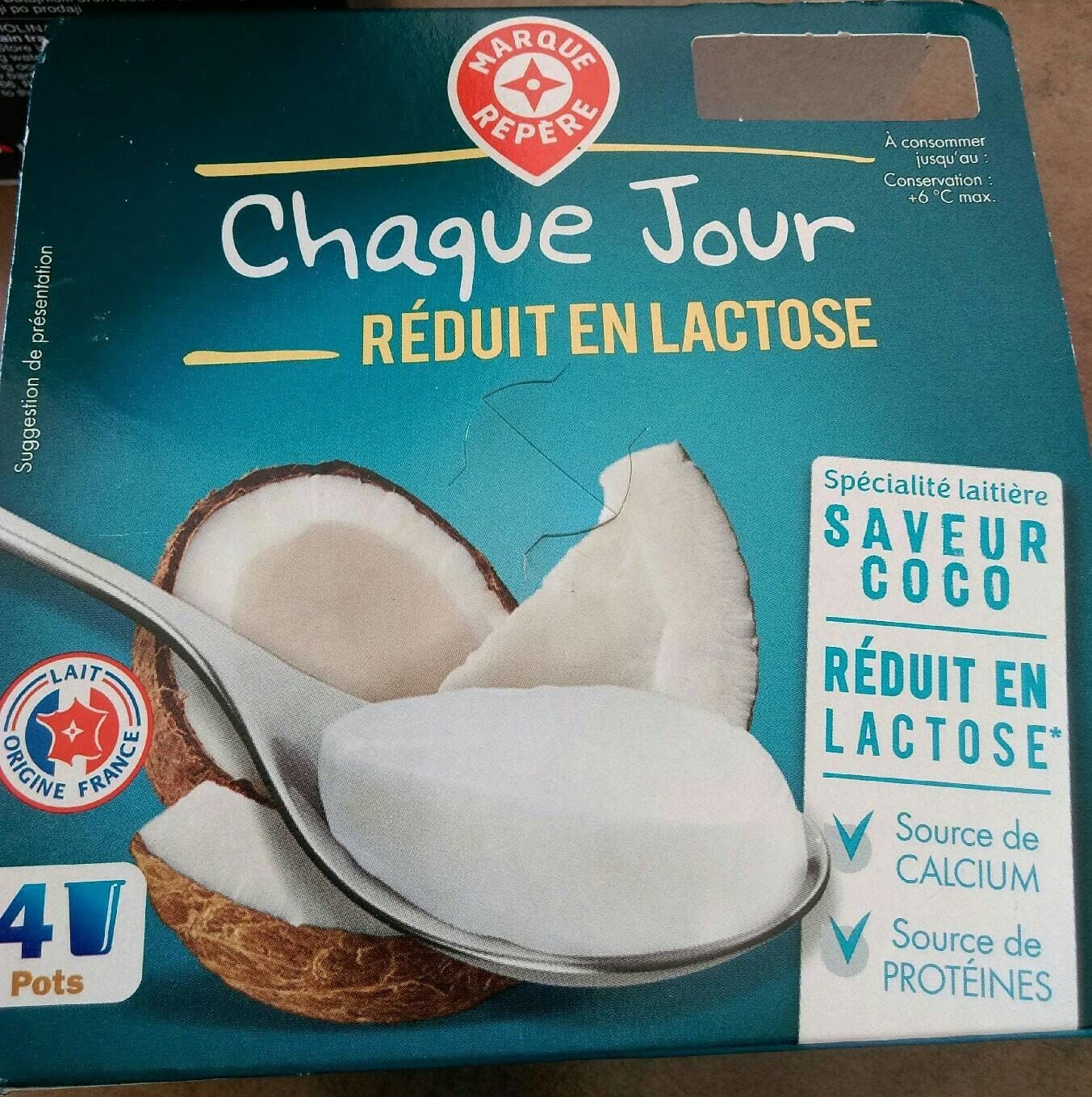 Marque Repère Spécialité laitière au coco réduit en lactose packshot