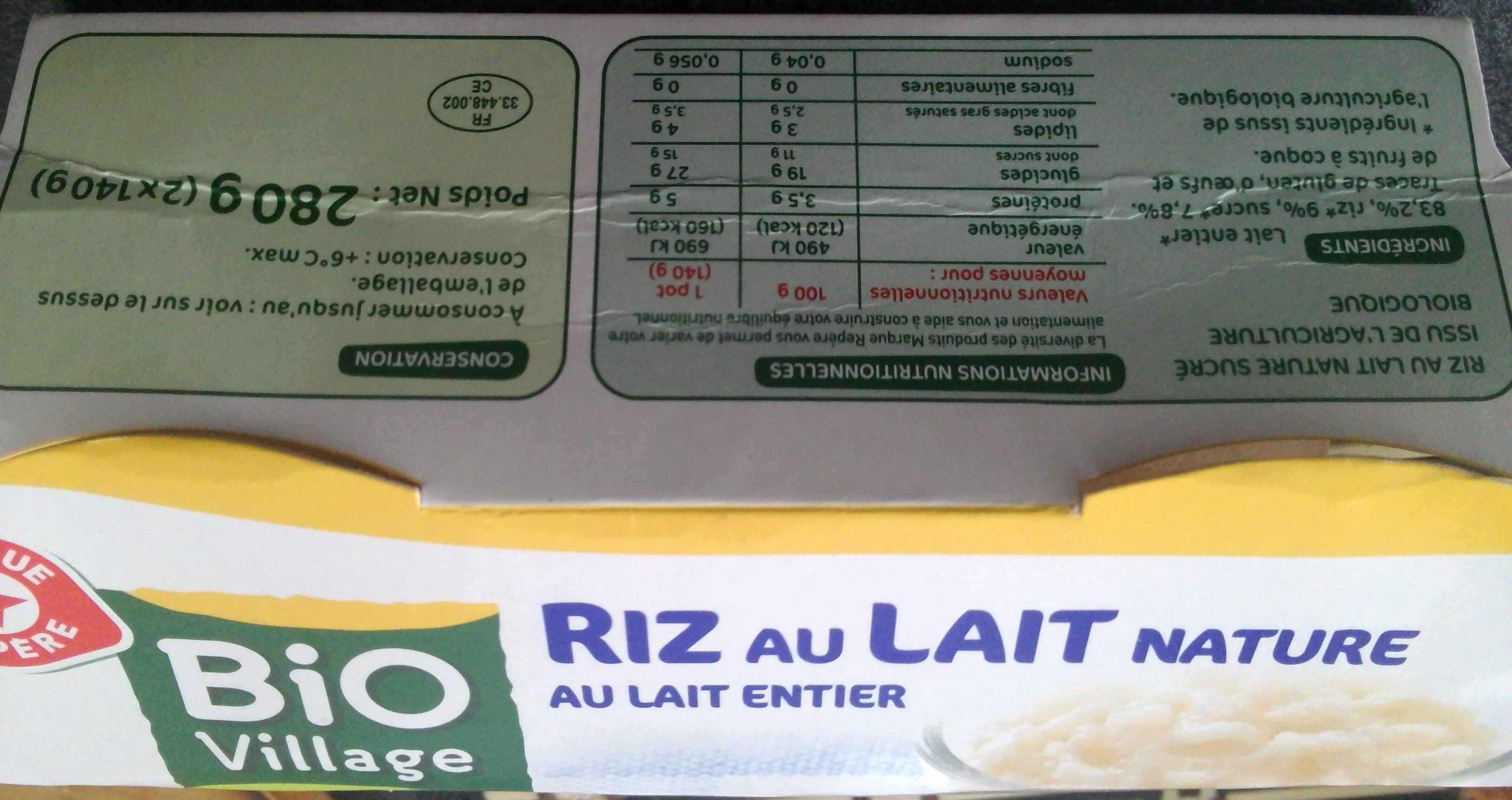 Bio Village Riz au lait nature au lait entier packshot