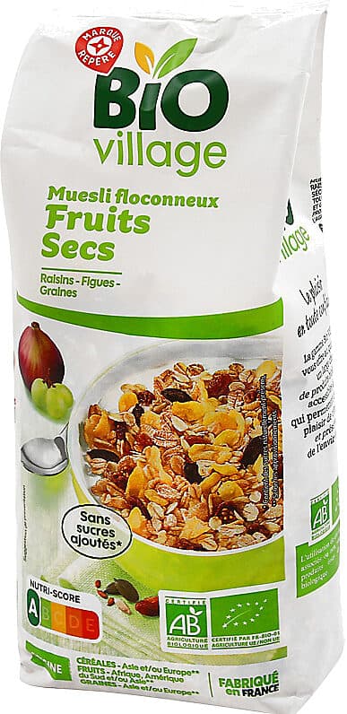 Bio Village Muesli floconneux fruits secs Raisins figues abricots graines packshot