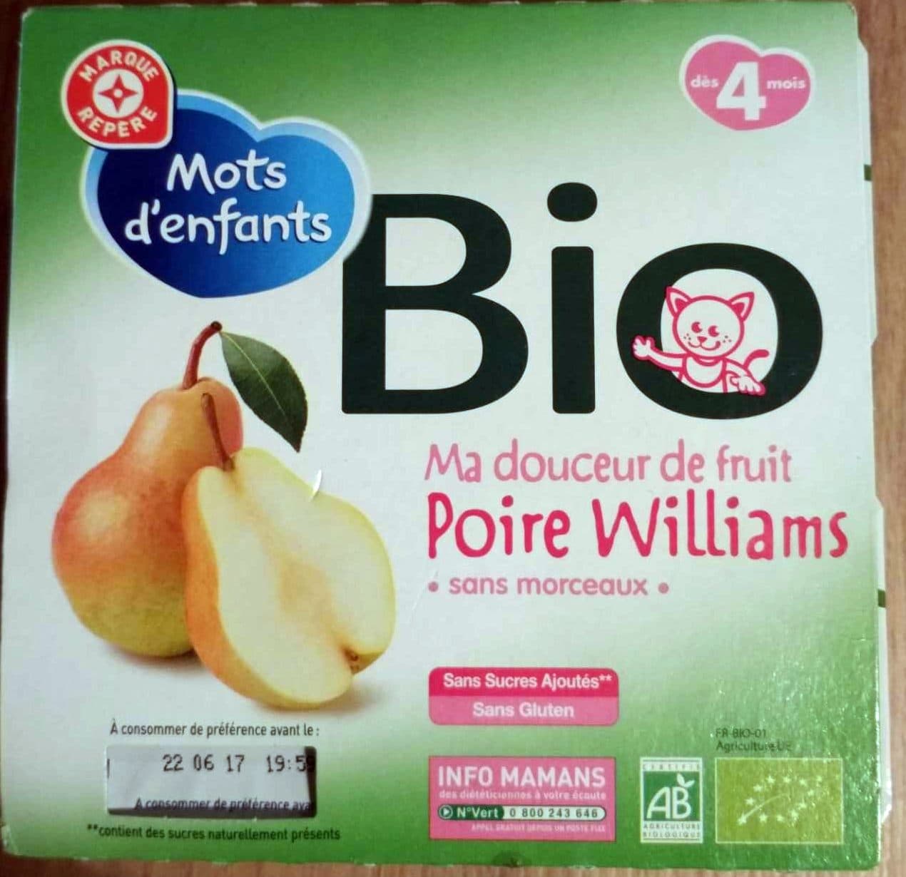 Marque Repère Purée bio Mots d'Enfants Pomme williams 4 mois packshot