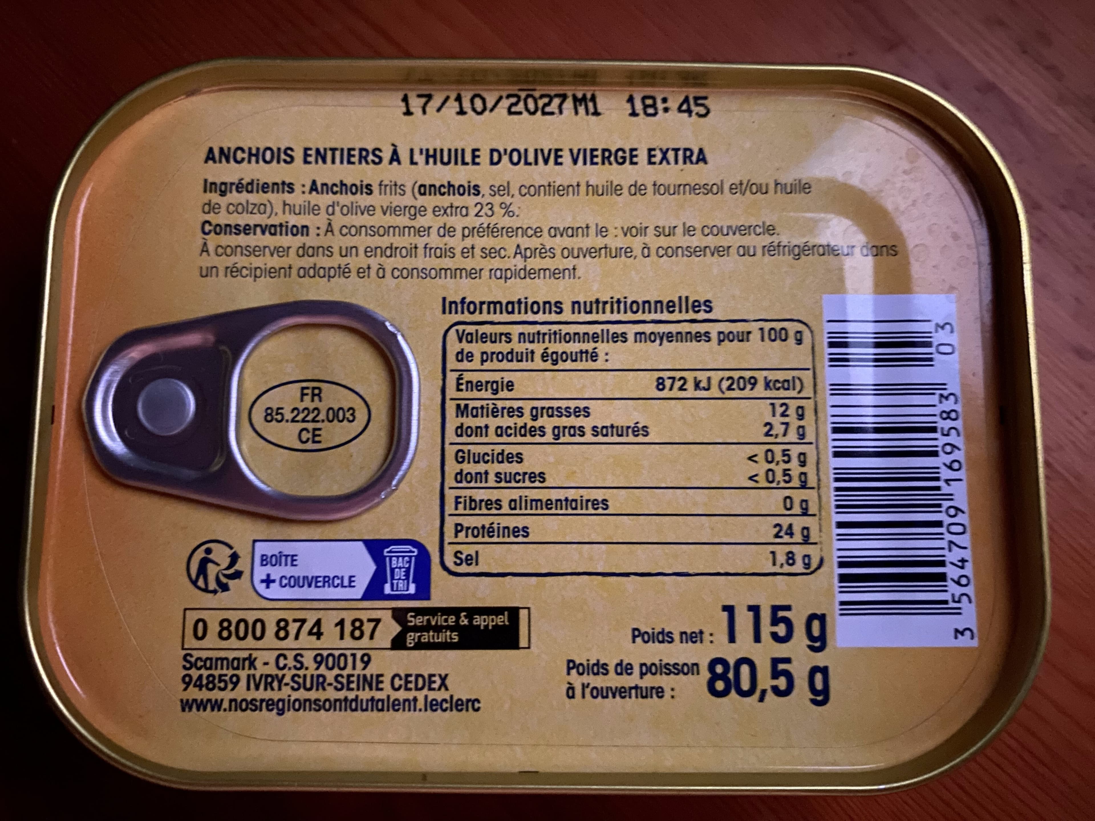 Leclerc Anchois entiers préparés à Saint-Gilles-Croix-de-Vie packshot